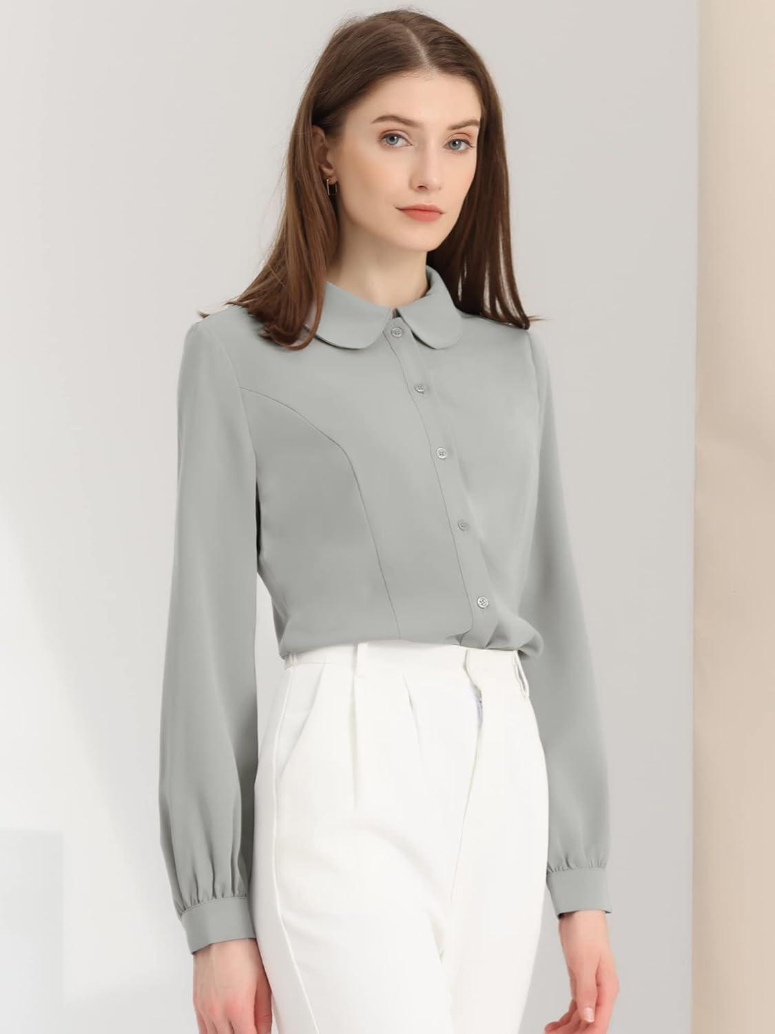 imageAllegra K Womens Peter Pan Collar Blouse Business Casual Long Sleeve Button Down Work ShirtGray