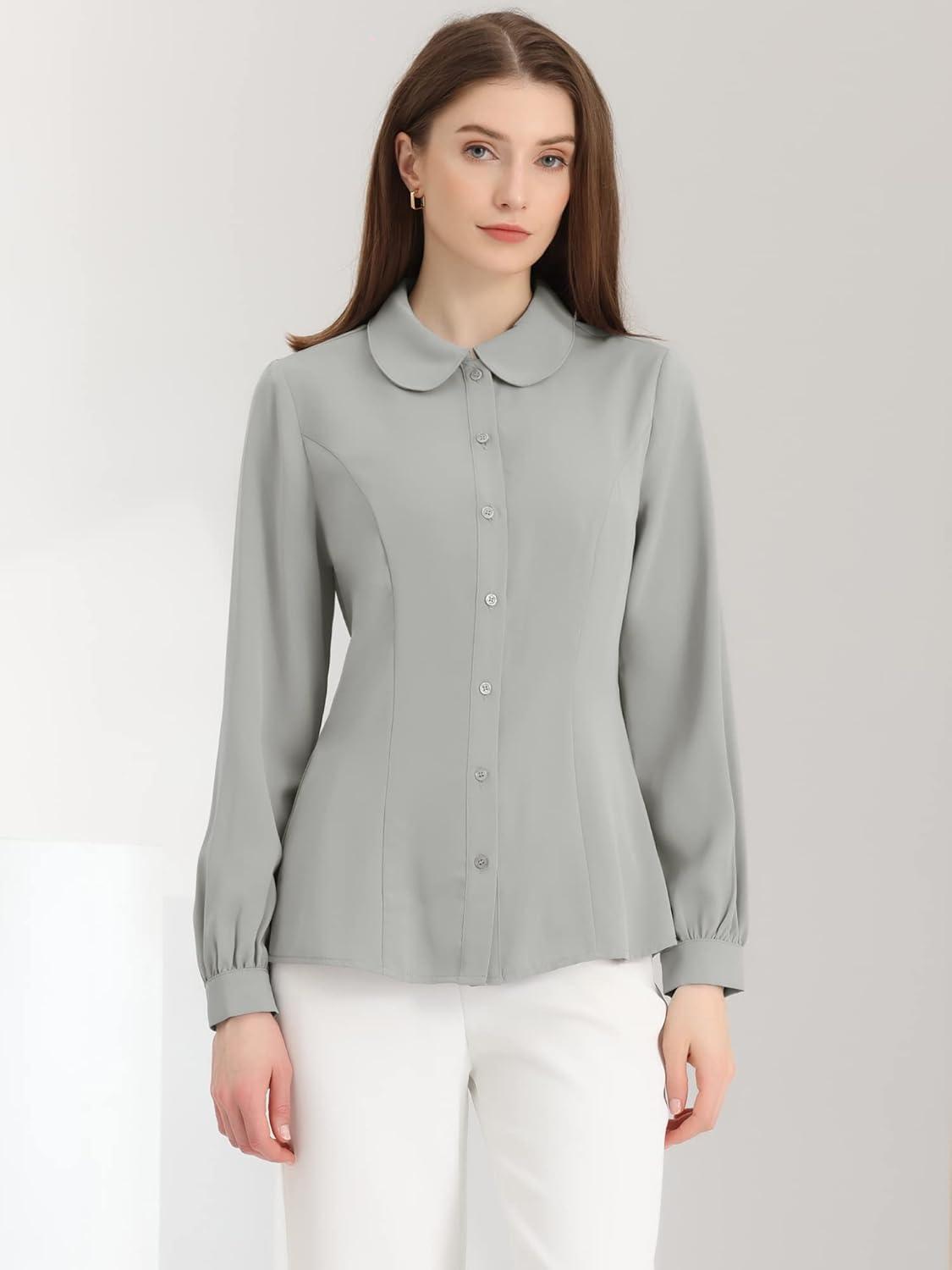 imageAllegra K Womens Peter Pan Collar Blouse Business Casual Long Sleeve Button Down Work ShirtGray