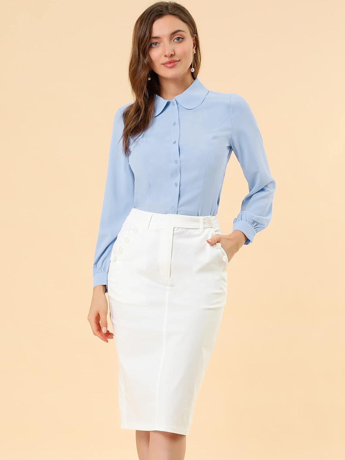imageAllegra K Womens Peter Pan Collar Blouse Business Casual Long Sleeve Button Down Work ShirtLight Blue