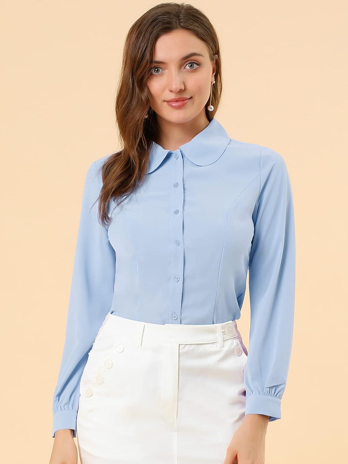 imageAllegra K Womens Peter Pan Collar Blouse Business Casual Long Sleeve Button Down Work ShirtLight Blue