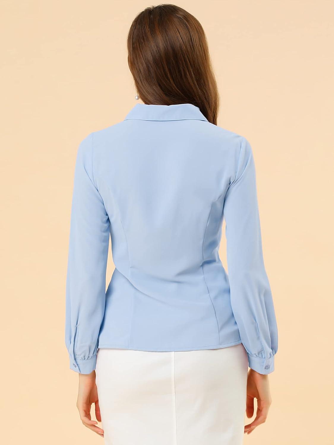 imageAllegra K Womens Peter Pan Collar Blouse Business Casual Long Sleeve Button Down Work ShirtLight Blue