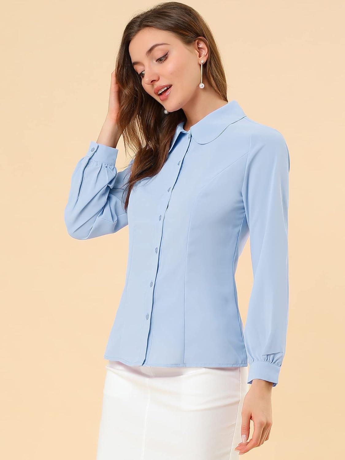 imageAllegra K Womens Peter Pan Collar Blouse Business Casual Long Sleeve Button Down Work ShirtLight Blue