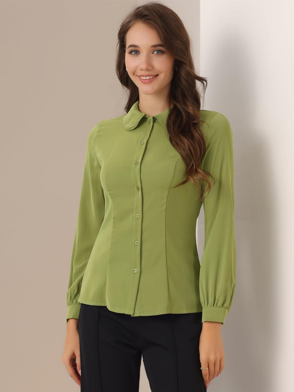 imageAllegra K Womens Peter Pan Collar Blouse Business Casual Long Sleeve Button Down Work ShirtOlive Green