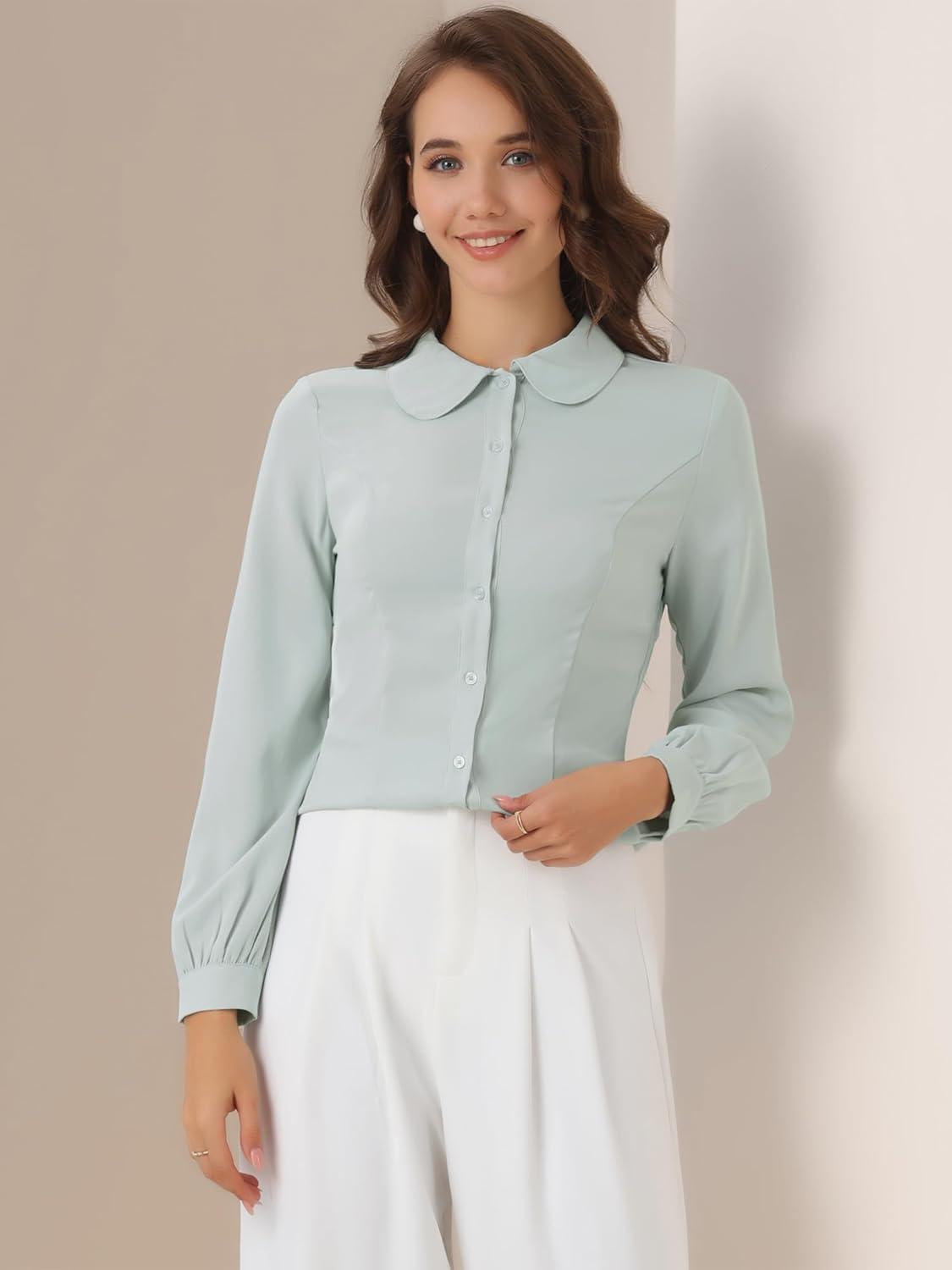 imageAllegra K Womens Peter Pan Collar Blouse Business Casual Long Sleeve Button Down Work ShirtPea Green