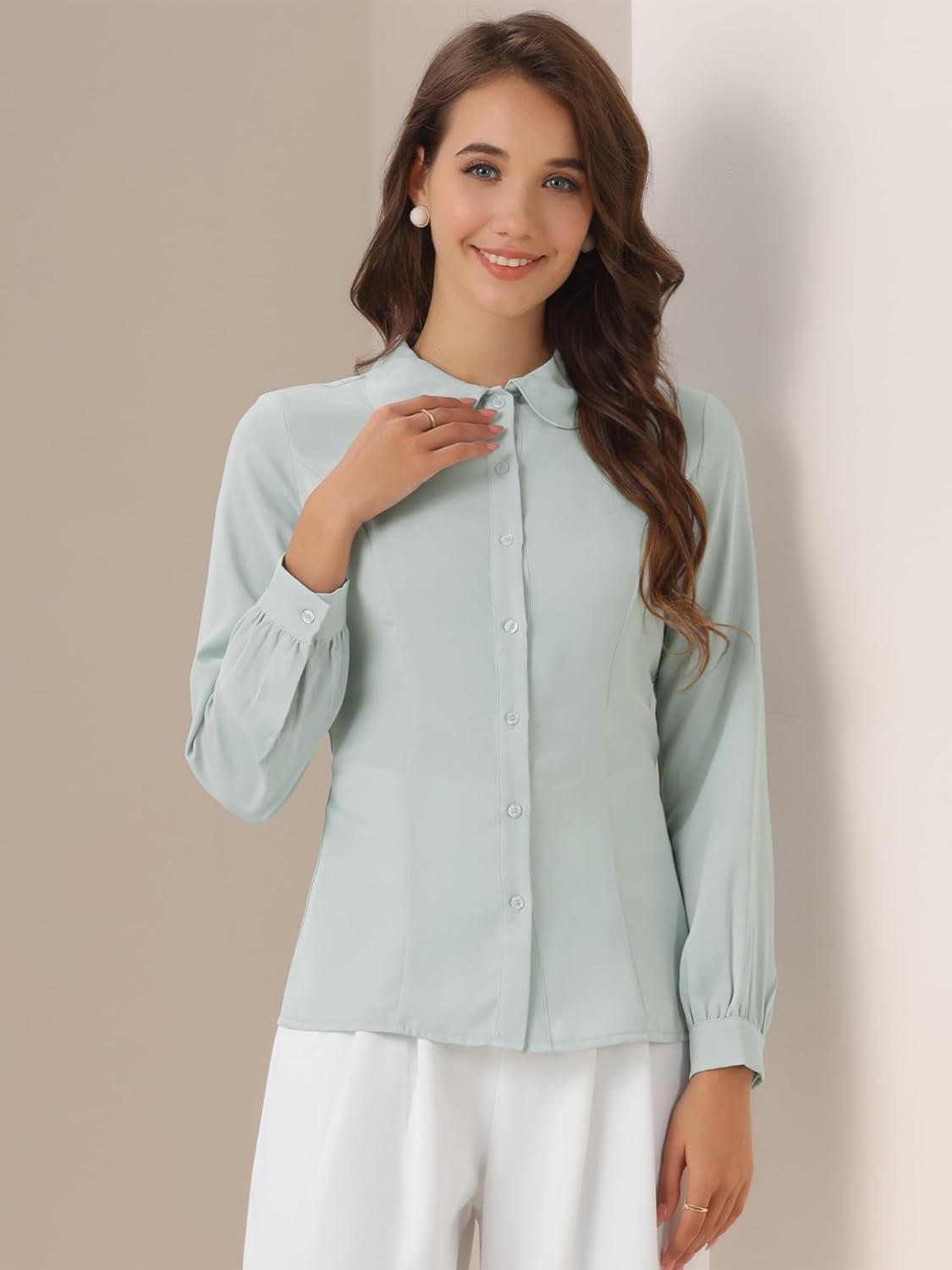imageAllegra K Womens Peter Pan Collar Blouse Business Casual Long Sleeve Button Down Work ShirtPea Green
