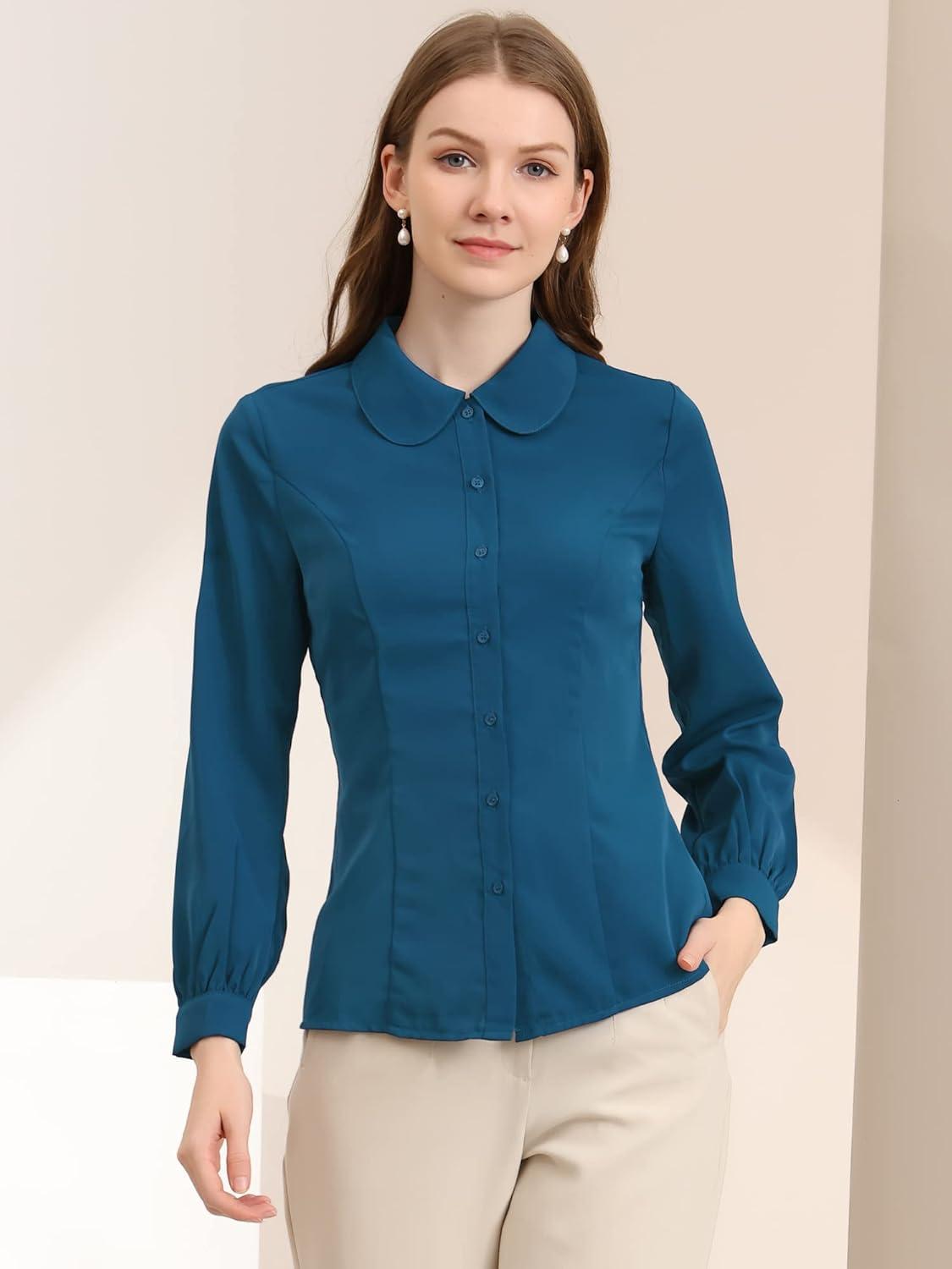 imageAllegra K Womens Peter Pan Collar Blouse Business Casual Long Sleeve Button Down Work ShirtPeacock Blue