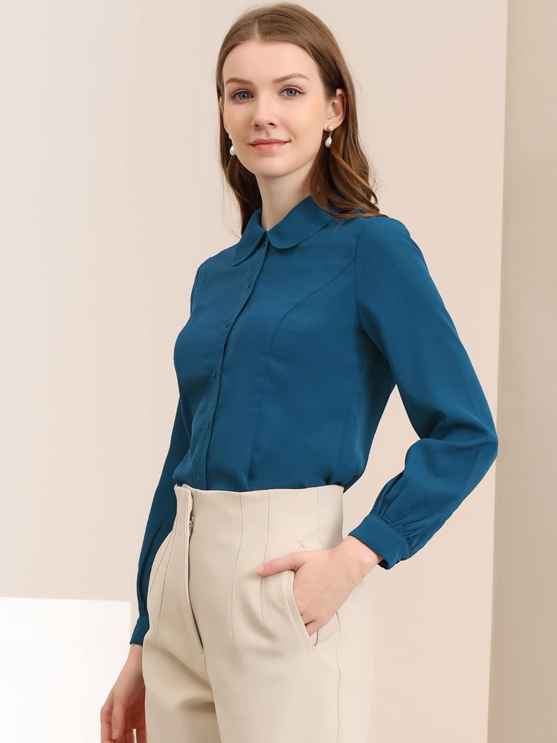 imageAllegra K Womens Peter Pan Collar Blouse Business Casual Long Sleeve Button Down Work ShirtPeacock Blue