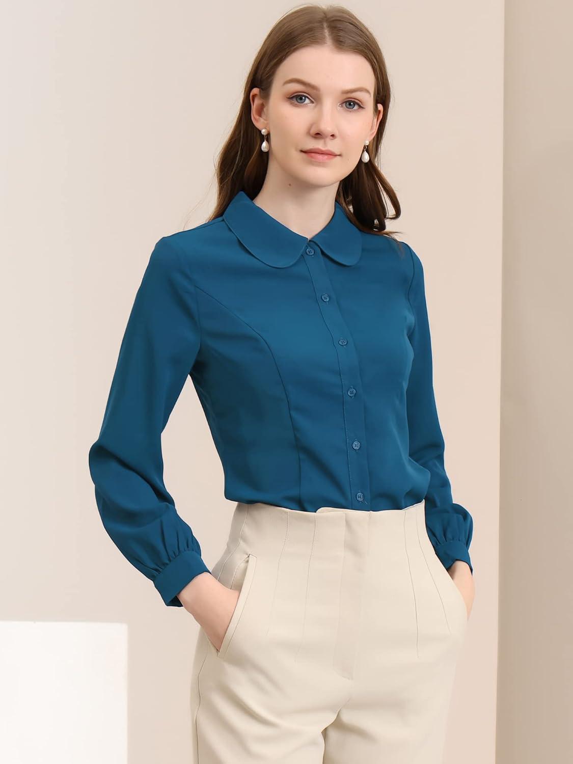 imageAllegra K Womens Peter Pan Collar Blouse Business Casual Long Sleeve Button Down Work ShirtPeacock Blue
