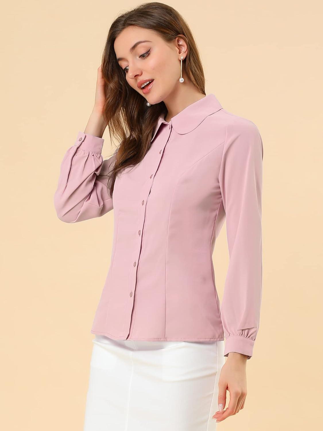imageAllegra K Womens Peter Pan Collar Blouse Business Casual Long Sleeve Button Down Work ShirtPink