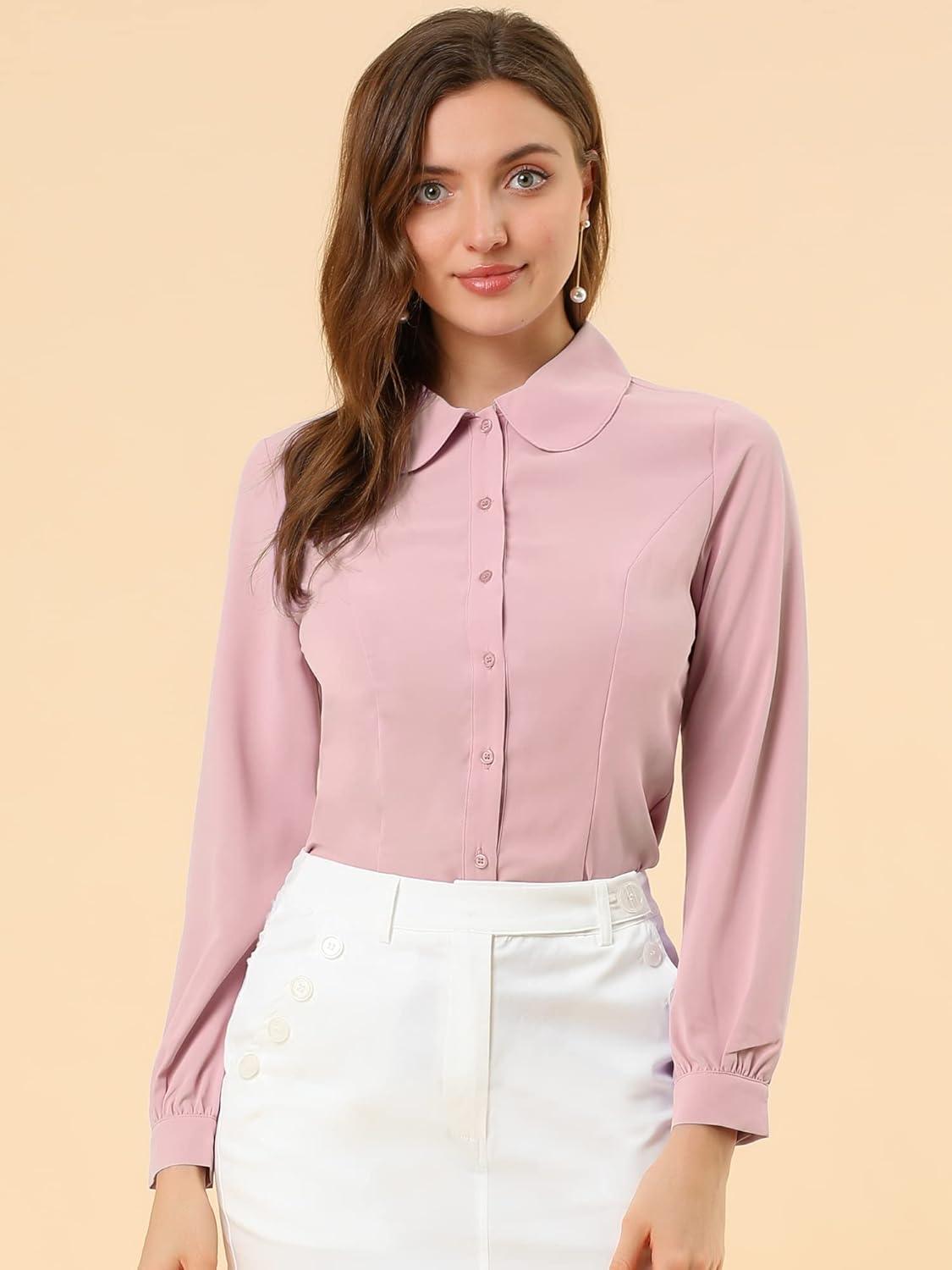 imageAllegra K Womens Peter Pan Collar Blouse Business Casual Long Sleeve Button Down Work ShirtPink