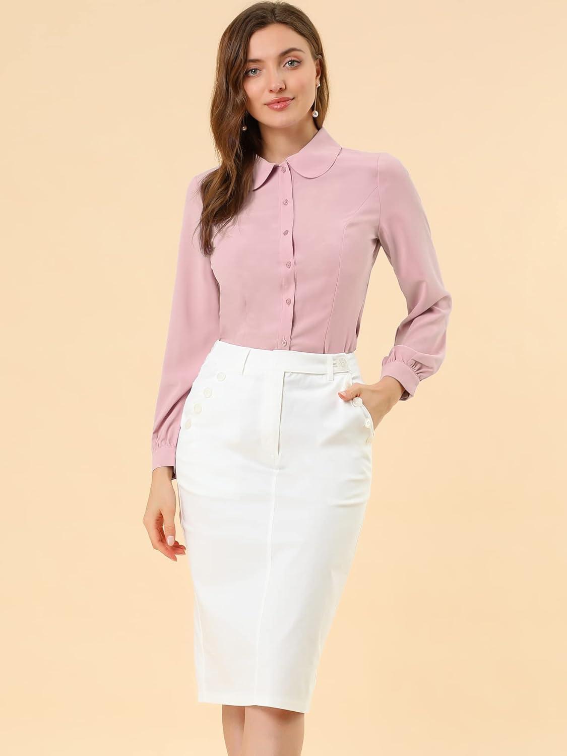 imageAllegra K Womens Peter Pan Collar Blouse Business Casual Long Sleeve Button Down Work ShirtPink