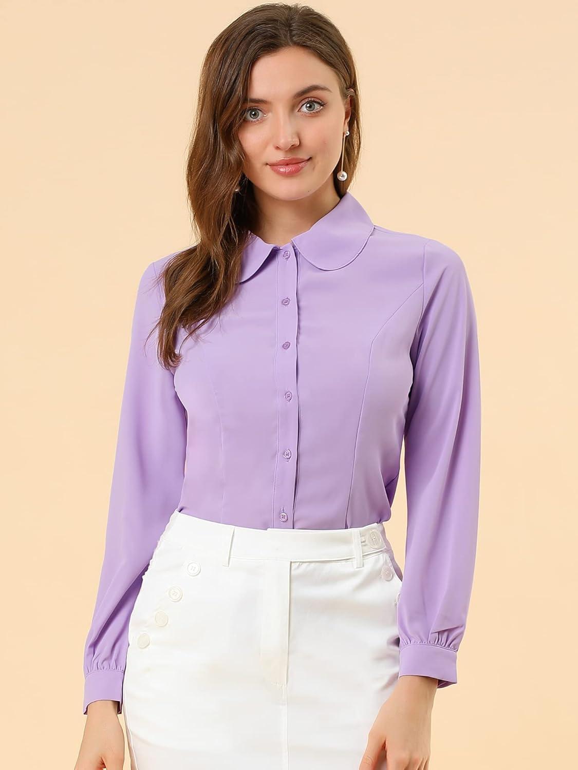 imageAllegra K Womens Peter Pan Collar Blouse Business Casual Long Sleeve Button Down Work ShirtPurple