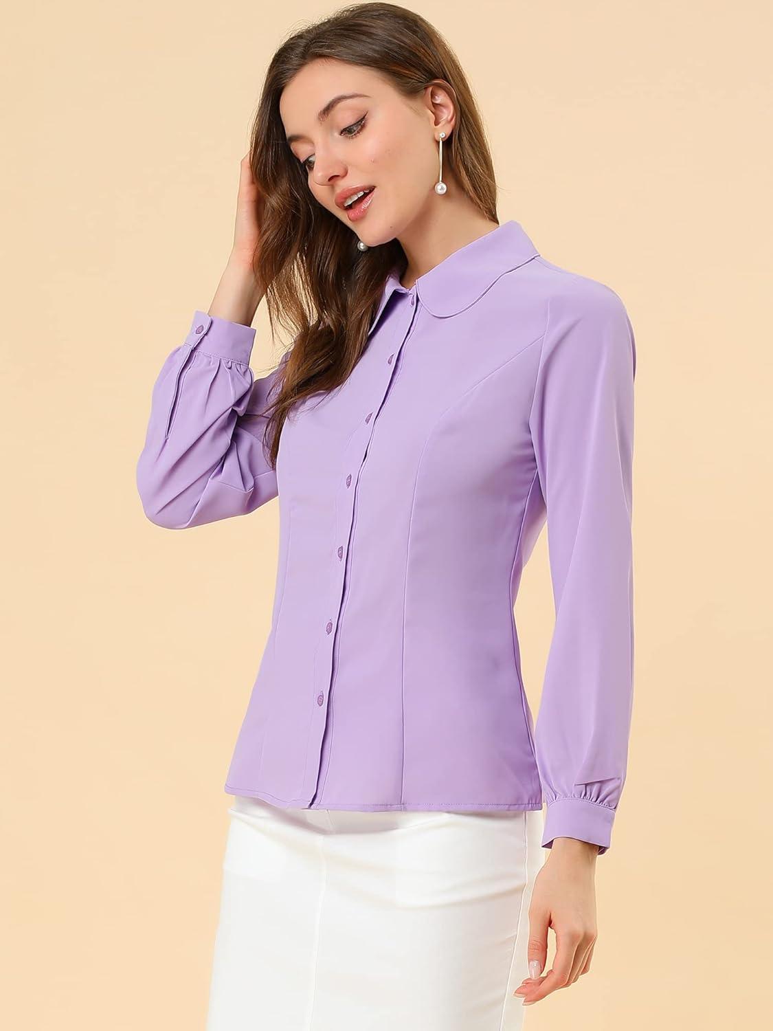 imageAllegra K Womens Peter Pan Collar Blouse Business Casual Long Sleeve Button Down Work ShirtPurple