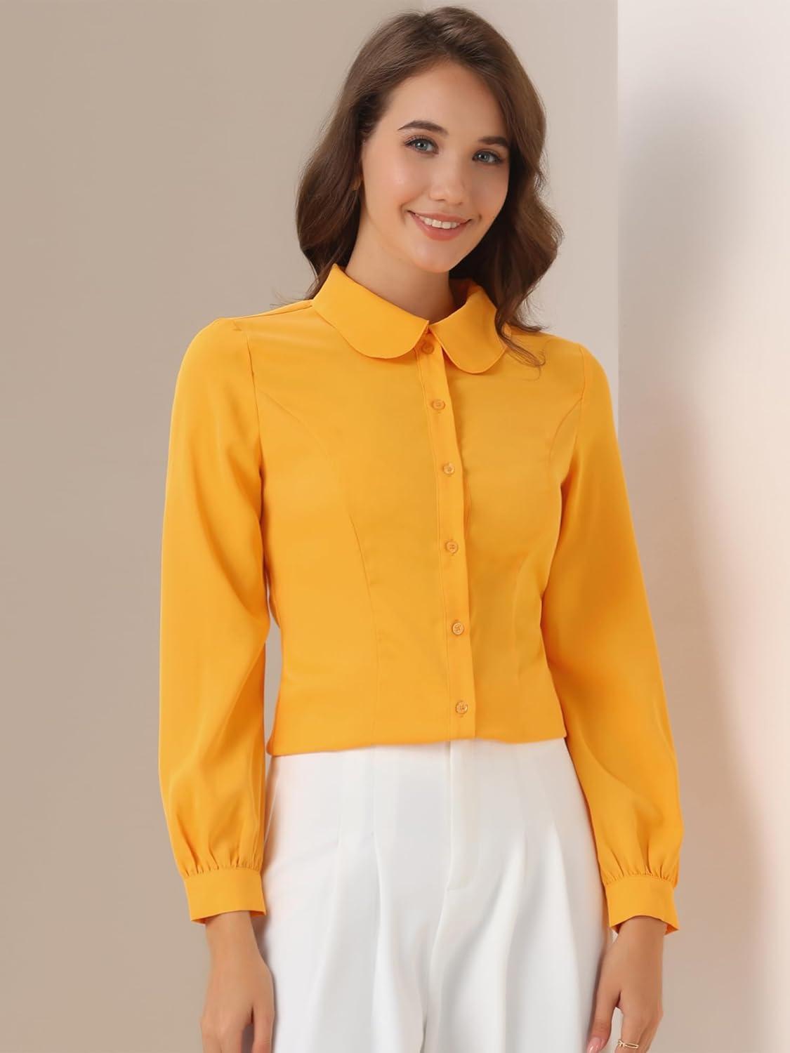 imageAllegra K Womens Peter Pan Collar Blouse Business Casual Long Sleeve Button Down Work ShirtYellow