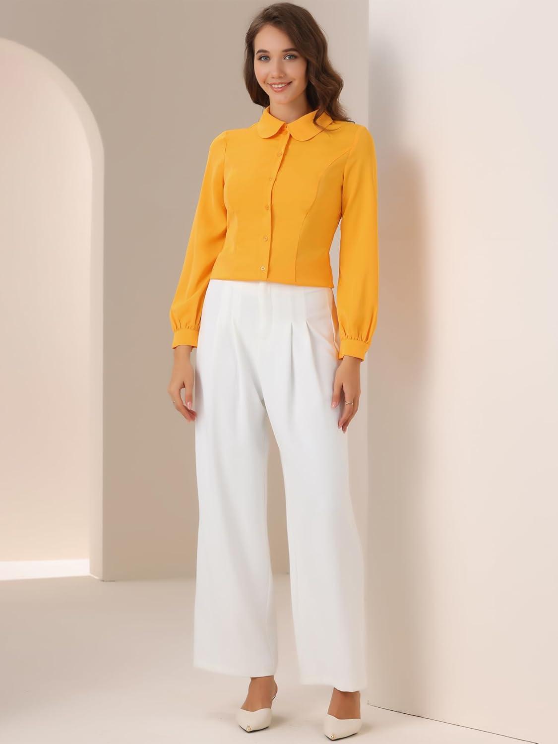 imageAllegra K Womens Peter Pan Collar Blouse Business Casual Long Sleeve Button Down Work ShirtYellow