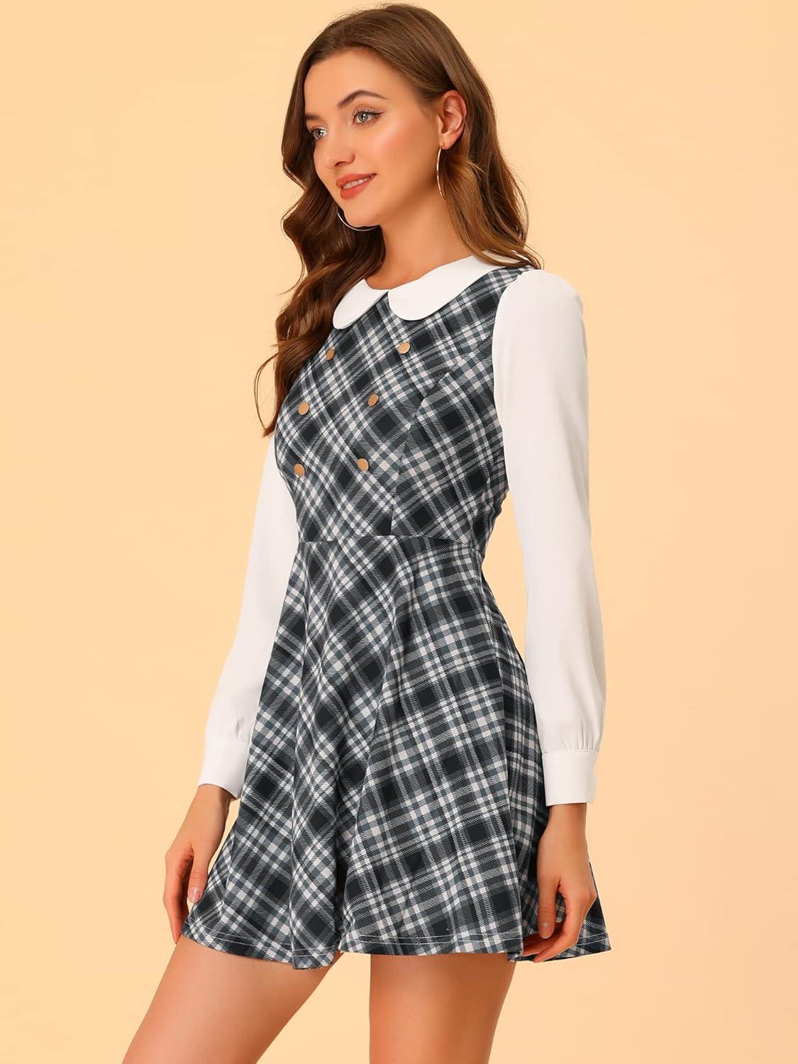 imageAllegra K Womens Peter Pan Collar Contrast Color Button Decor ALine Christmas Plaid Mini DressBlack