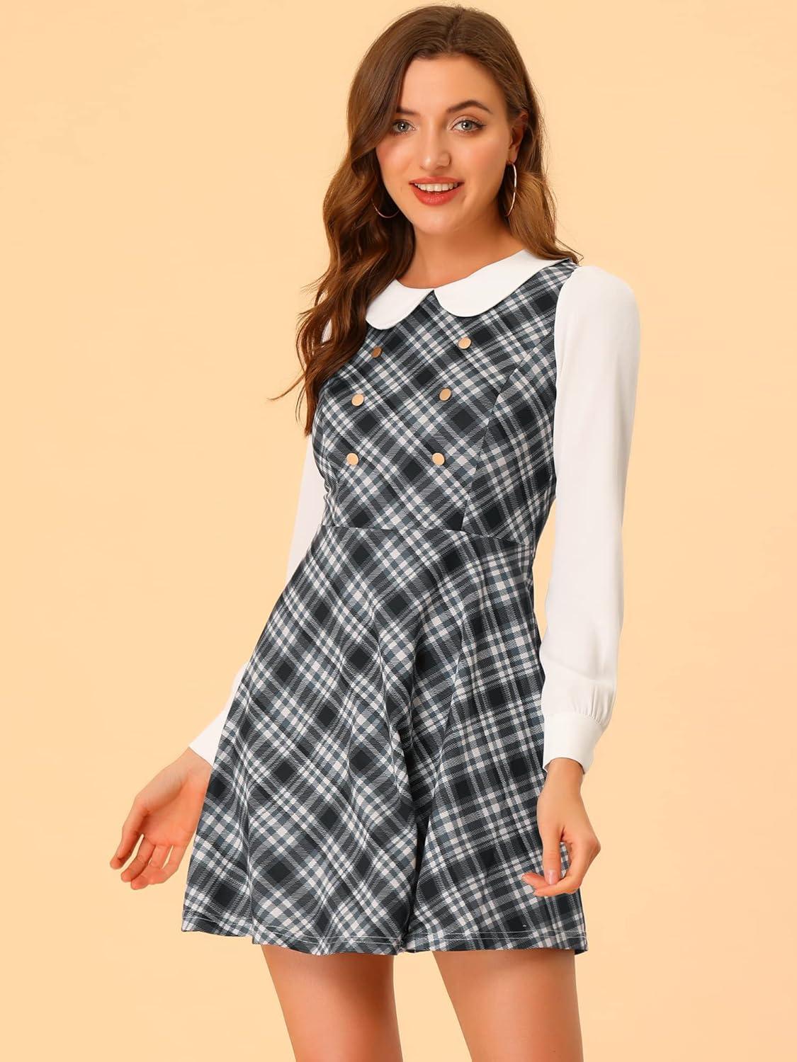 imageAllegra K Womens Peter Pan Collar Contrast Color Button Decor ALine Christmas Plaid Mini DressBlack