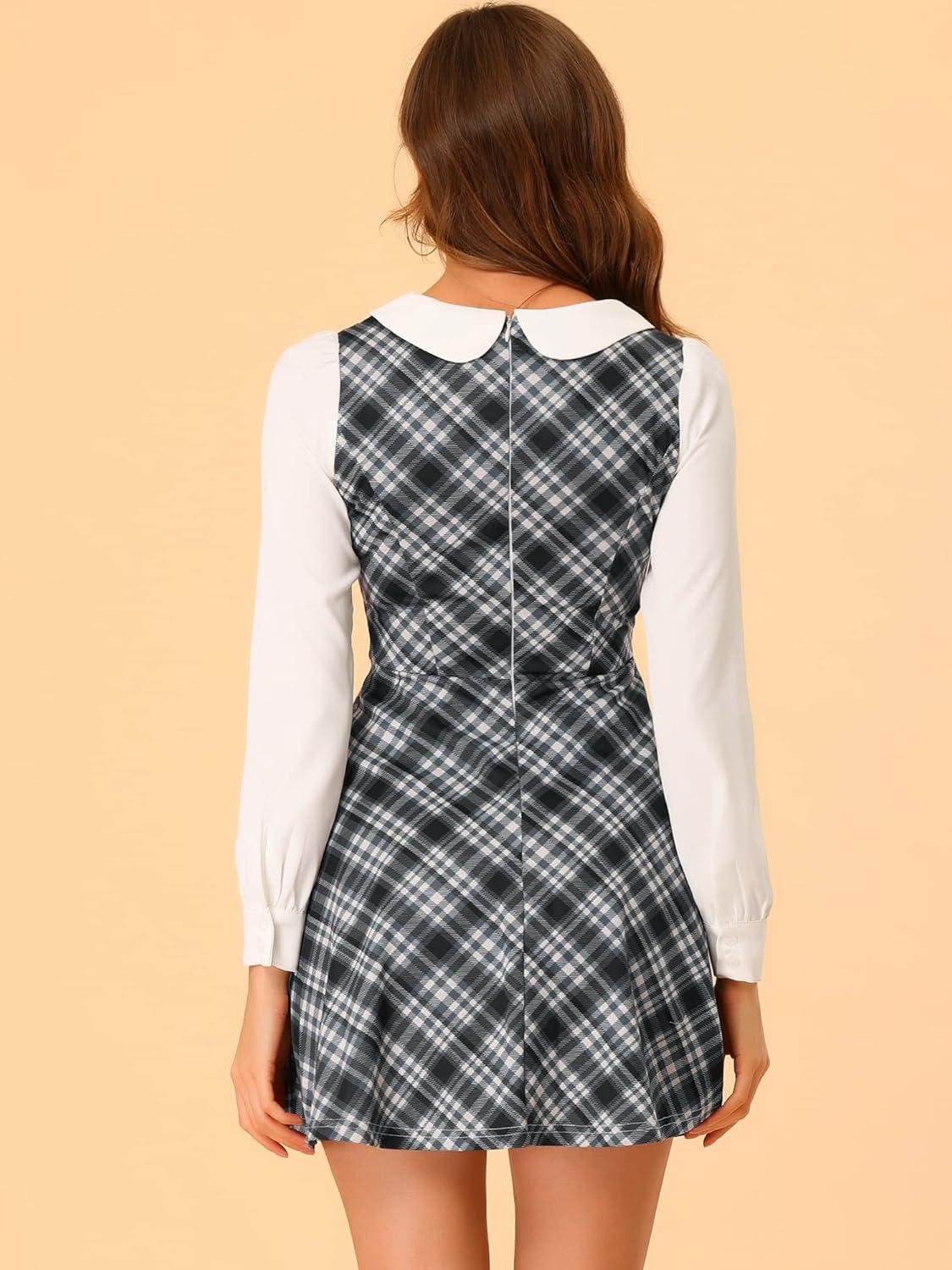 imageAllegra K Womens Peter Pan Collar Contrast Color Button Decor ALine Christmas Plaid Mini DressBlack