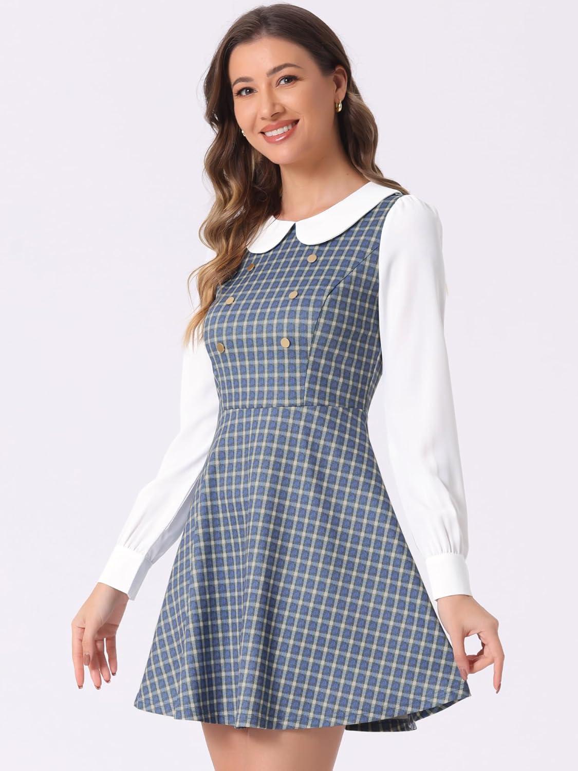 imageAllegra K Womens Peter Pan Collar Contrast Color Button Decor ALine Christmas Plaid Mini DressBlue