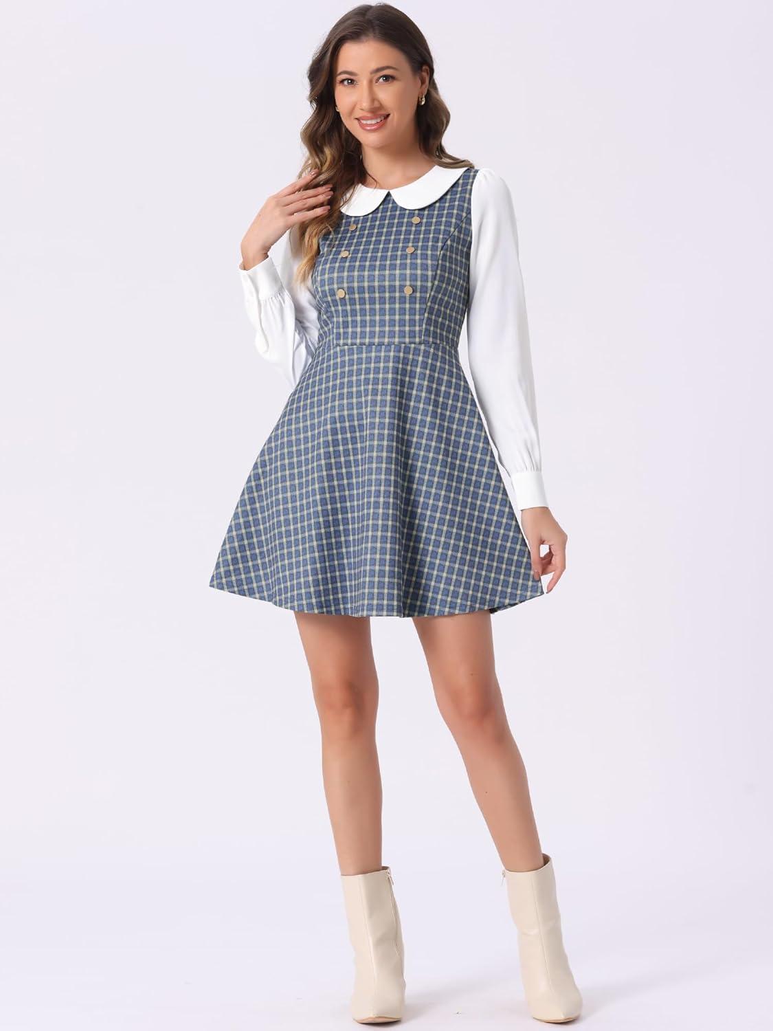 imageAllegra K Womens Peter Pan Collar Contrast Color Button Decor ALine Christmas Plaid Mini DressBlue