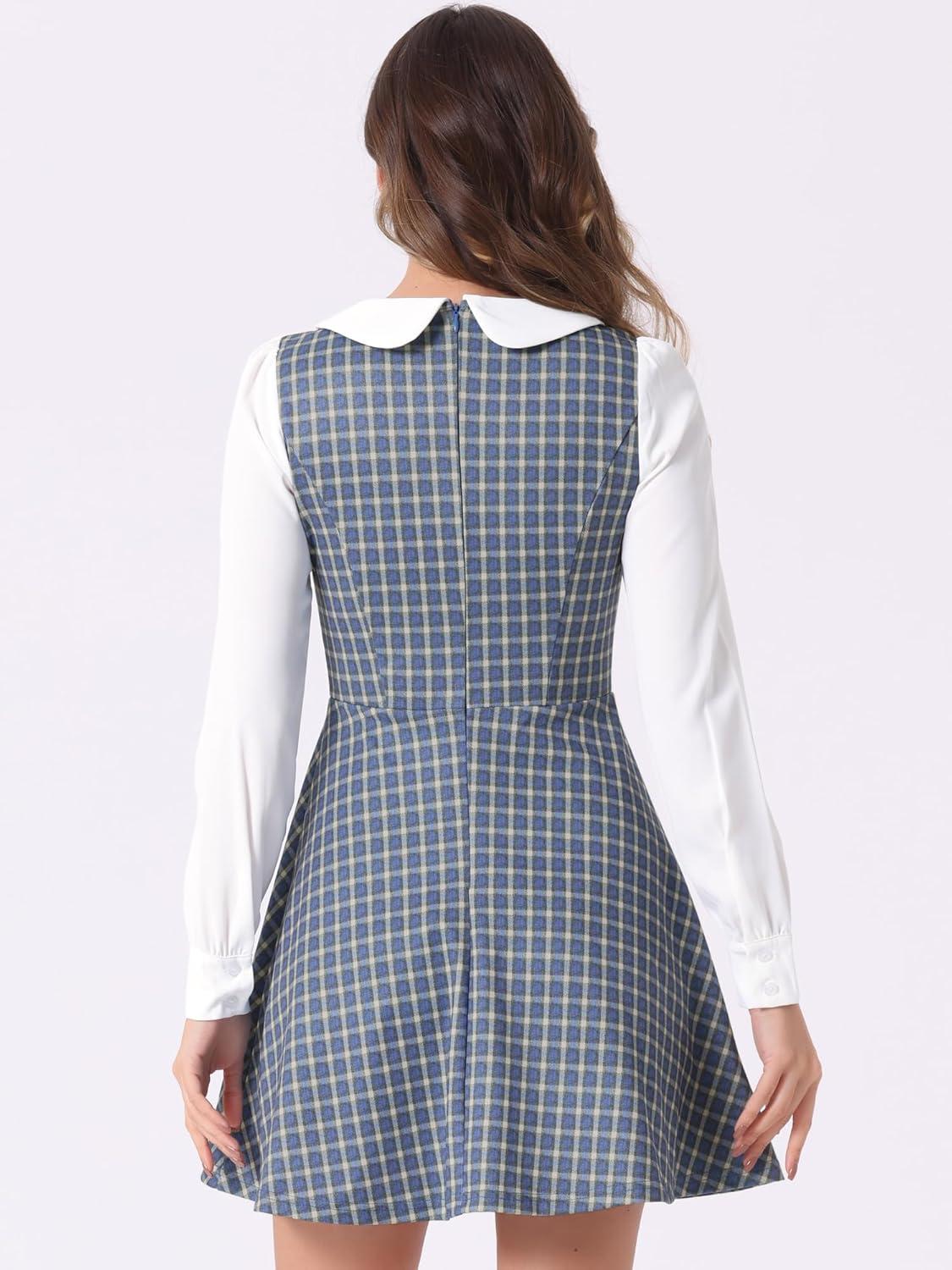 imageAllegra K Womens Peter Pan Collar Contrast Color Button Decor ALine Christmas Plaid Mini DressBlue