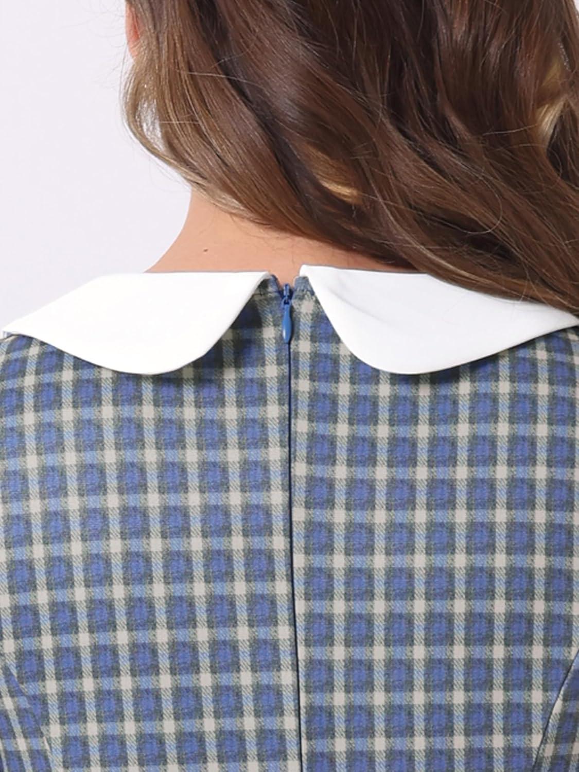 imageAllegra K Womens Peter Pan Collar Contrast Color Button Decor ALine Christmas Plaid Mini DressBlue