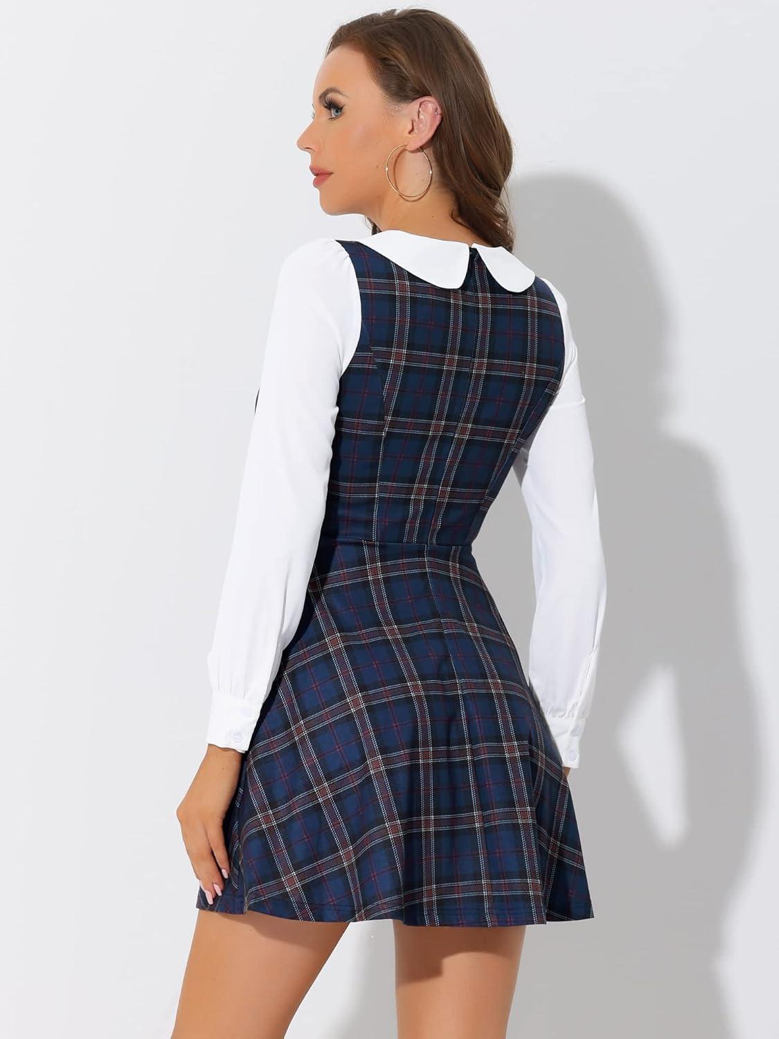 imageAllegra K Womens Peter Pan Collar Contrast Color Button Decor ALine Christmas Plaid Mini DressDark Blue