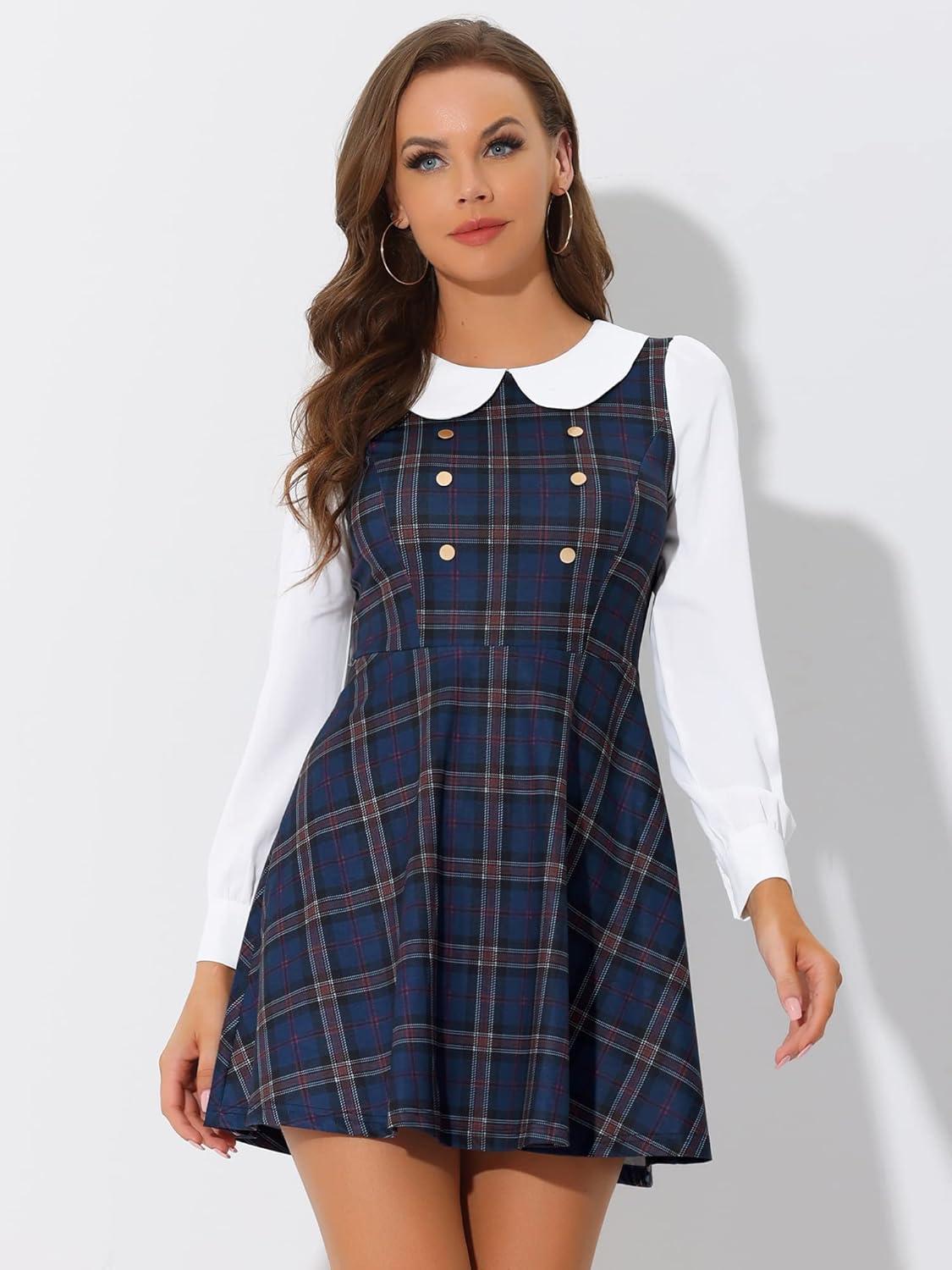 imageAllegra K Womens Peter Pan Collar Contrast Color Button Decor ALine Christmas Plaid Mini DressDark Blue