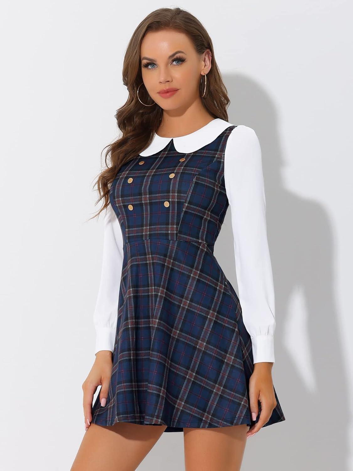 imageAllegra K Womens Peter Pan Collar Contrast Color Button Decor ALine Christmas Plaid Mini DressDark Blue
