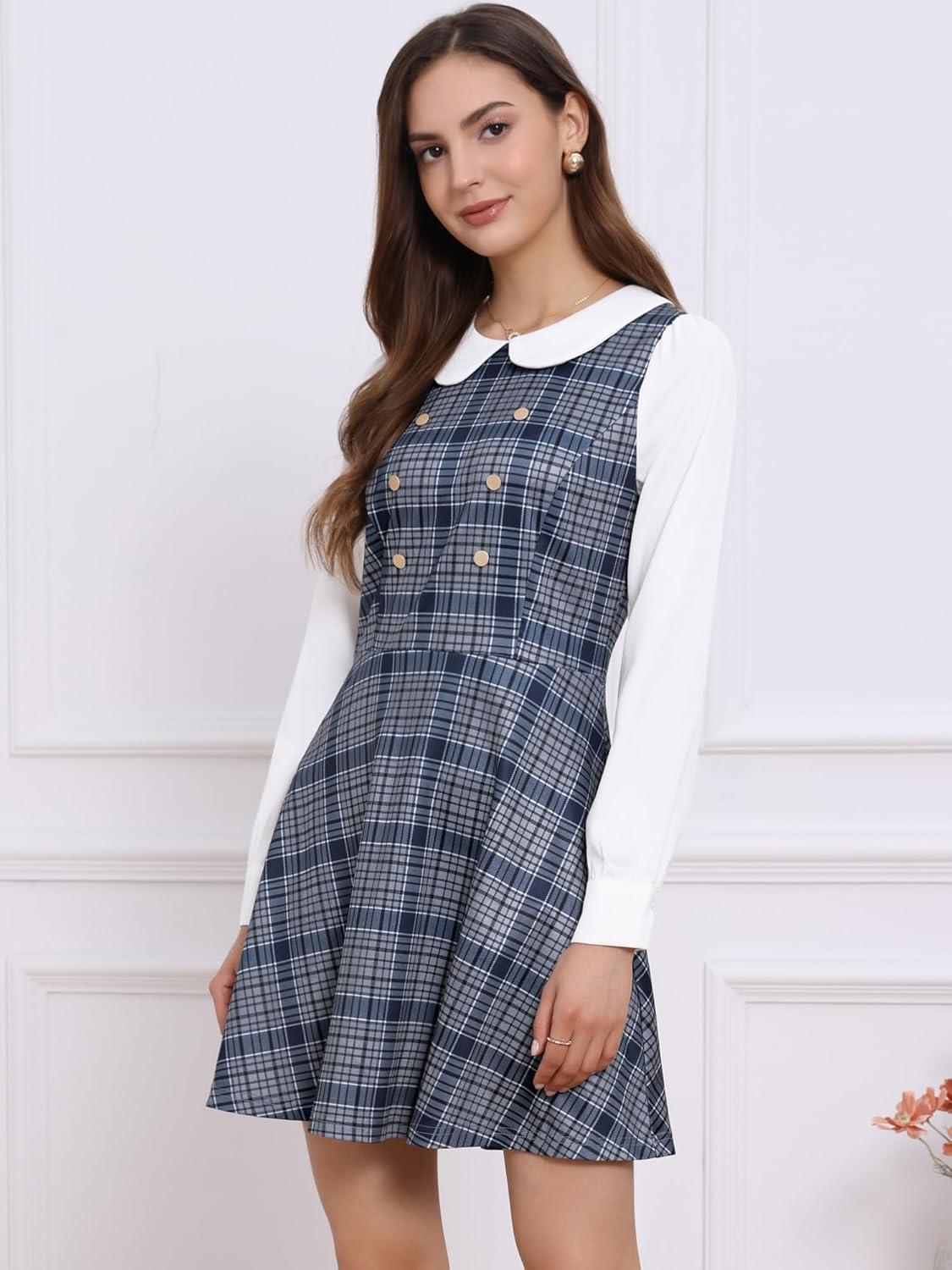 imageAllegra K Womens Peter Pan Collar Contrast Color Button Decor ALine Christmas Plaid Mini DressGray Blue