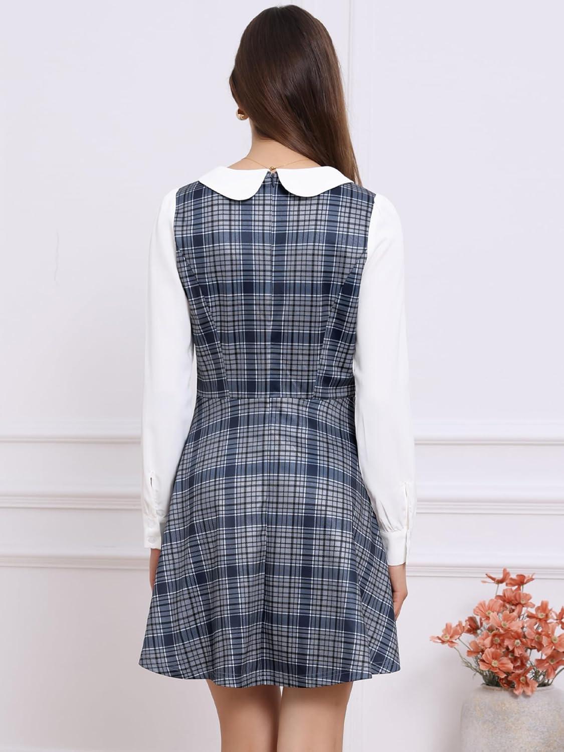 imageAllegra K Womens Peter Pan Collar Contrast Color Button Decor ALine Christmas Plaid Mini DressGray Blue