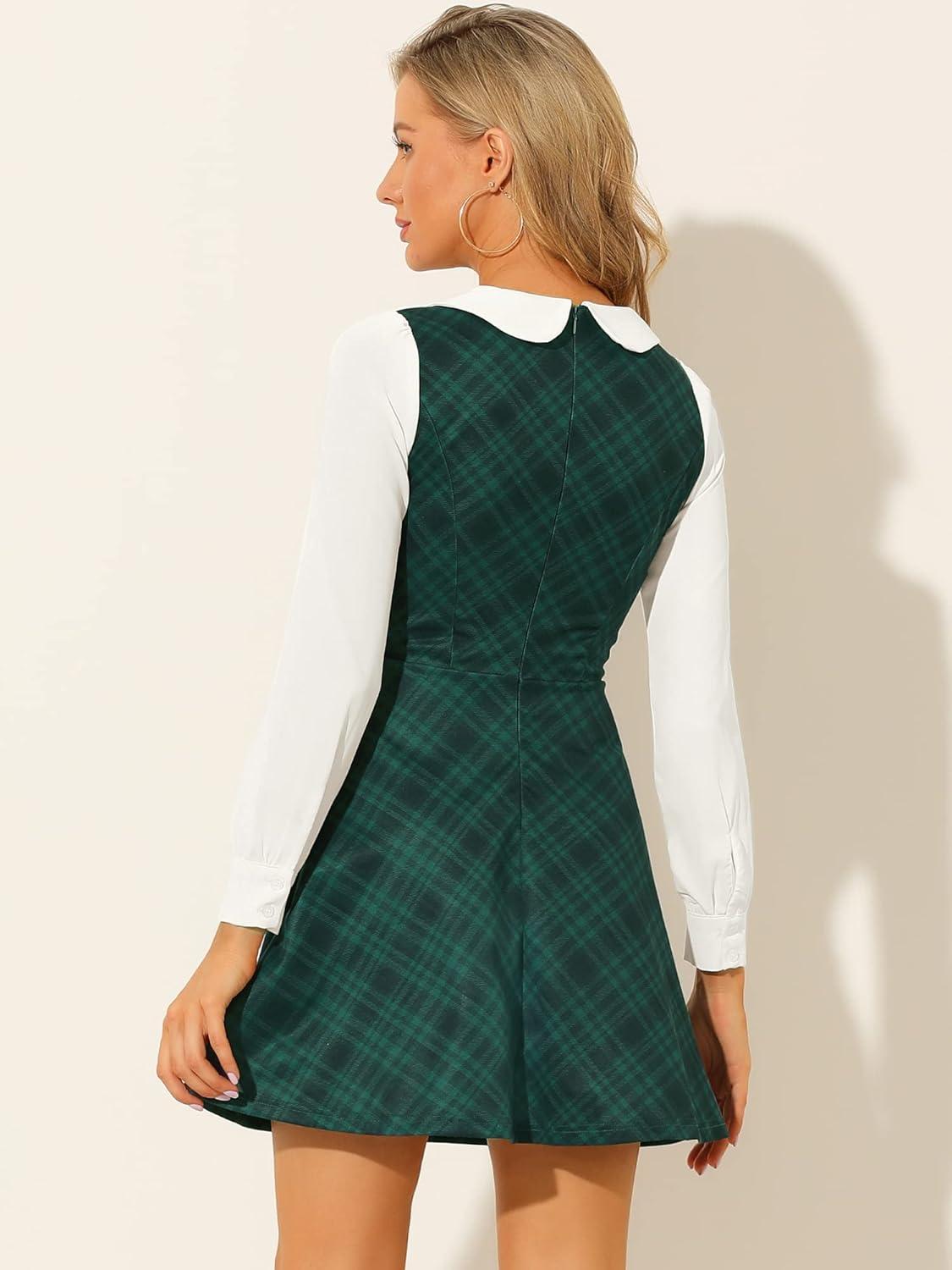 imageAllegra K Womens Peter Pan Collar Contrast Color Button Decor ALine Christmas Plaid Mini DressGreen