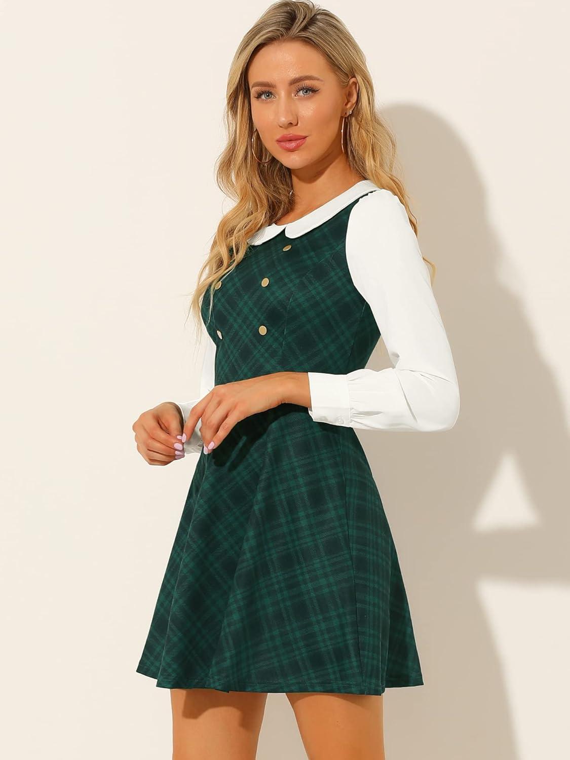 imageAllegra K Womens Peter Pan Collar Contrast Color Button Decor ALine Christmas Plaid Mini DressGreen