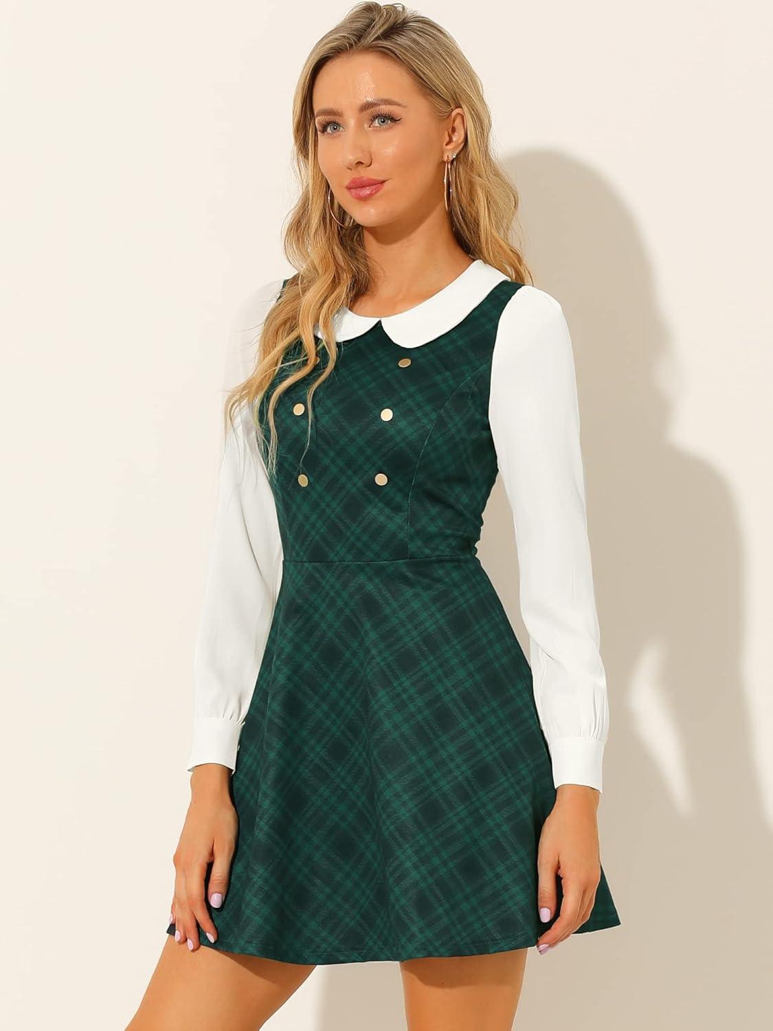 imageAllegra K Womens Peter Pan Collar Contrast Color Button Decor ALine Christmas Plaid Mini DressGreen