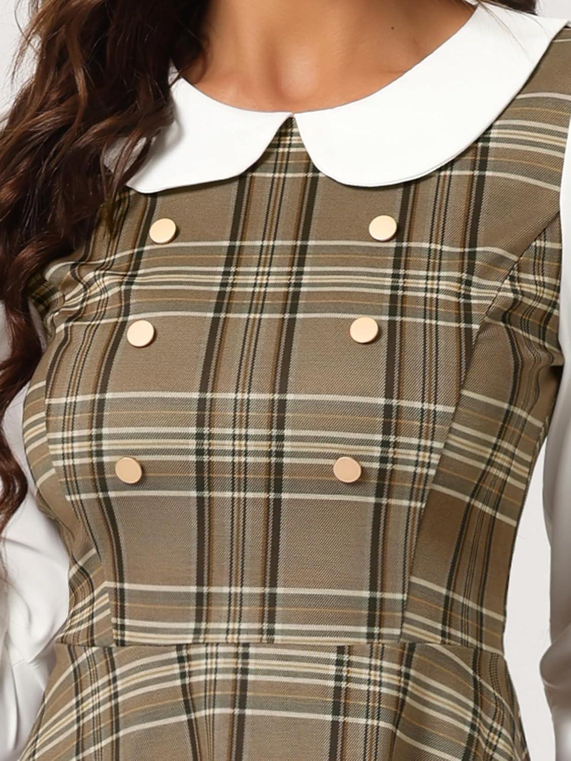 imageAllegra K Womens Peter Pan Collar Contrast Color Button Decor ALine Christmas Plaid Mini DressKhaki Brown
