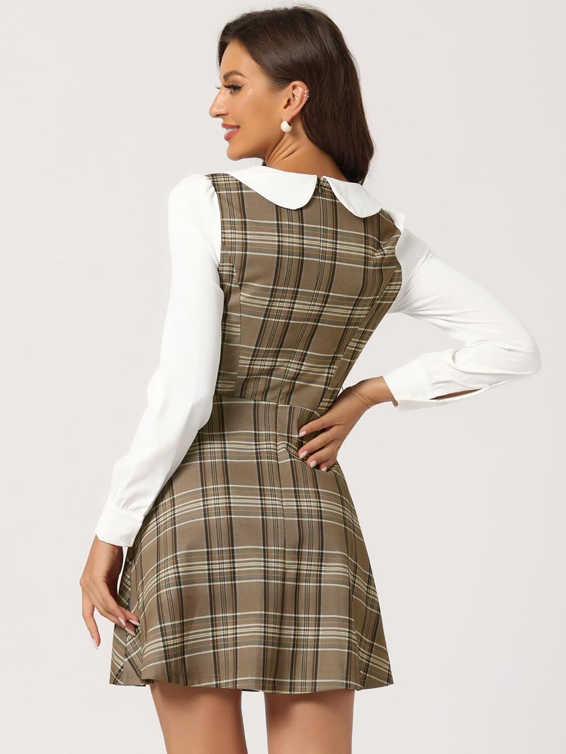 imageAllegra K Womens Peter Pan Collar Contrast Color Button Decor ALine Christmas Plaid Mini DressKhaki Brown