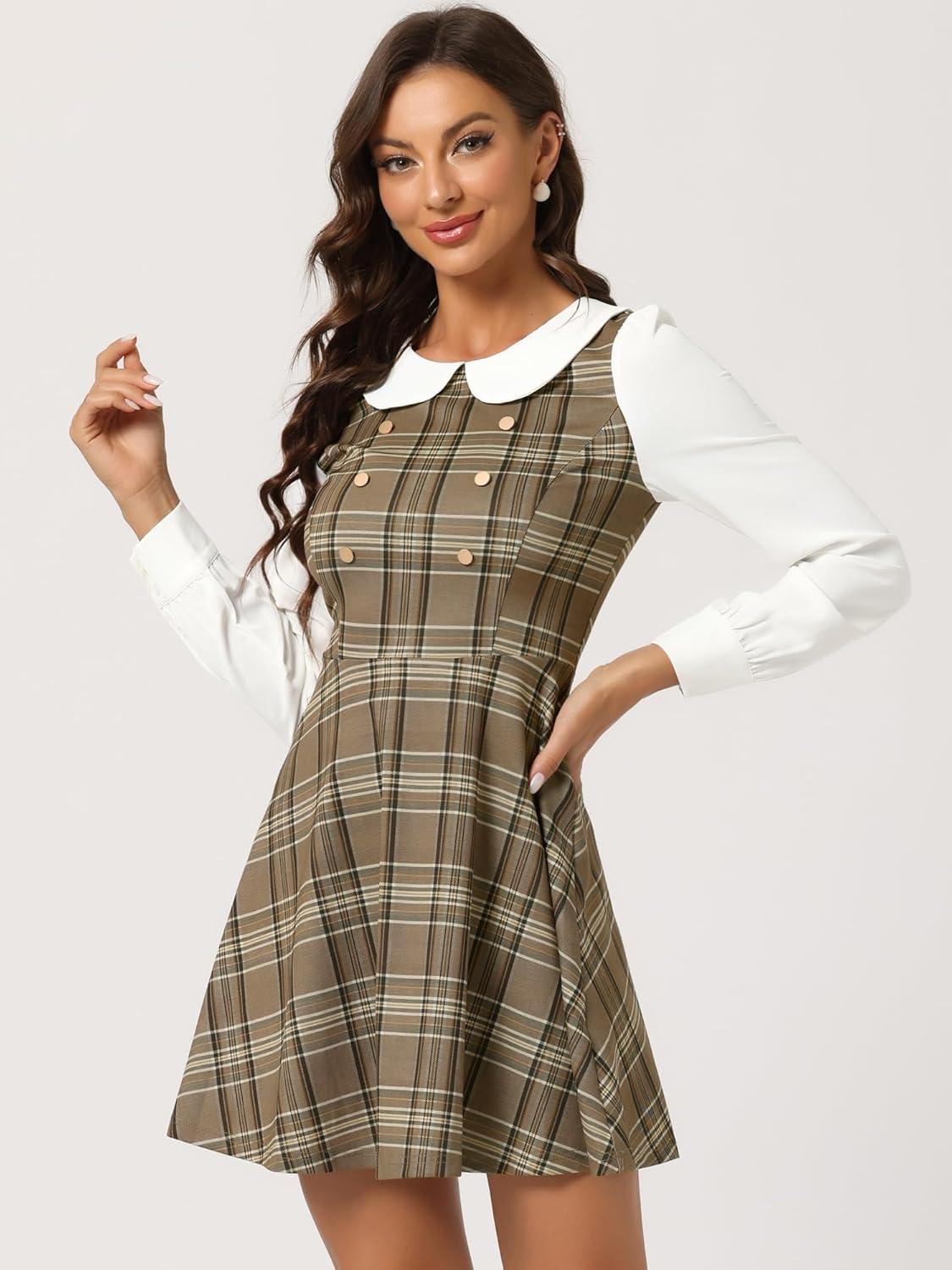 imageAllegra K Womens Peter Pan Collar Contrast Color Button Decor ALine Christmas Plaid Mini DressKhaki Brown