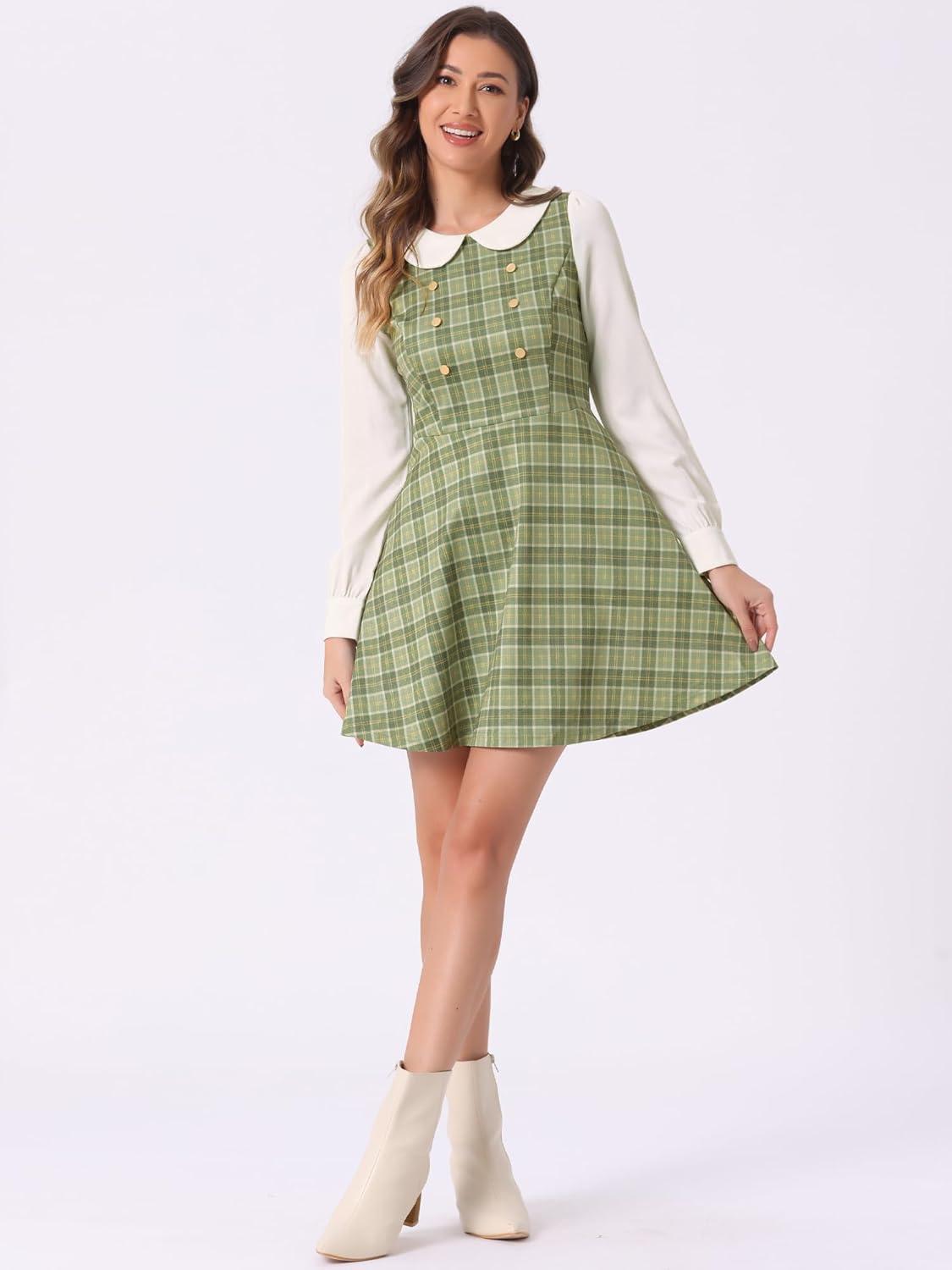 imageAllegra K Womens Peter Pan Collar Contrast Color Button Decor ALine Christmas Plaid Mini DressLight Green