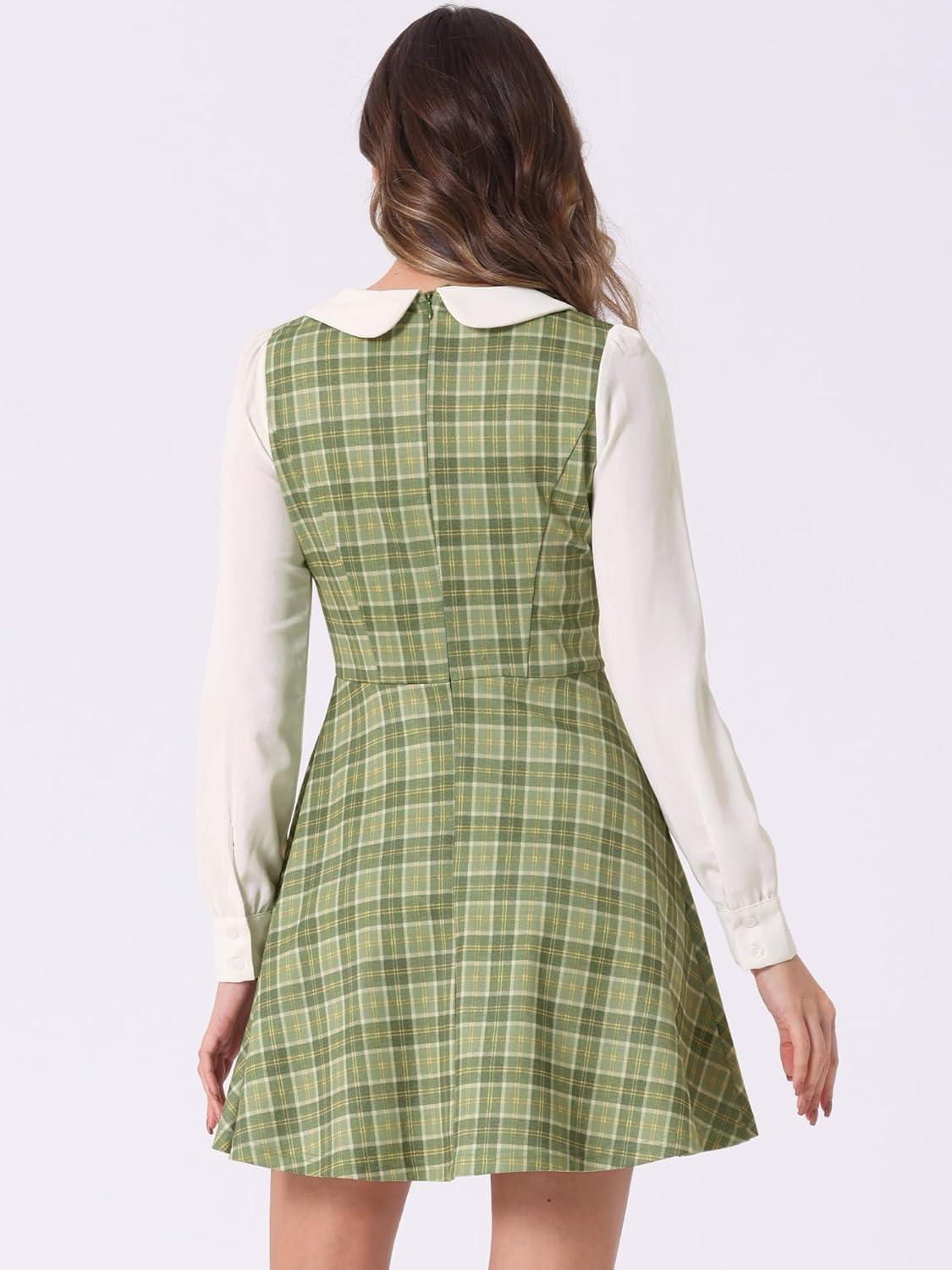 imageAllegra K Womens Peter Pan Collar Contrast Color Button Decor ALine Christmas Plaid Mini DressLight Green