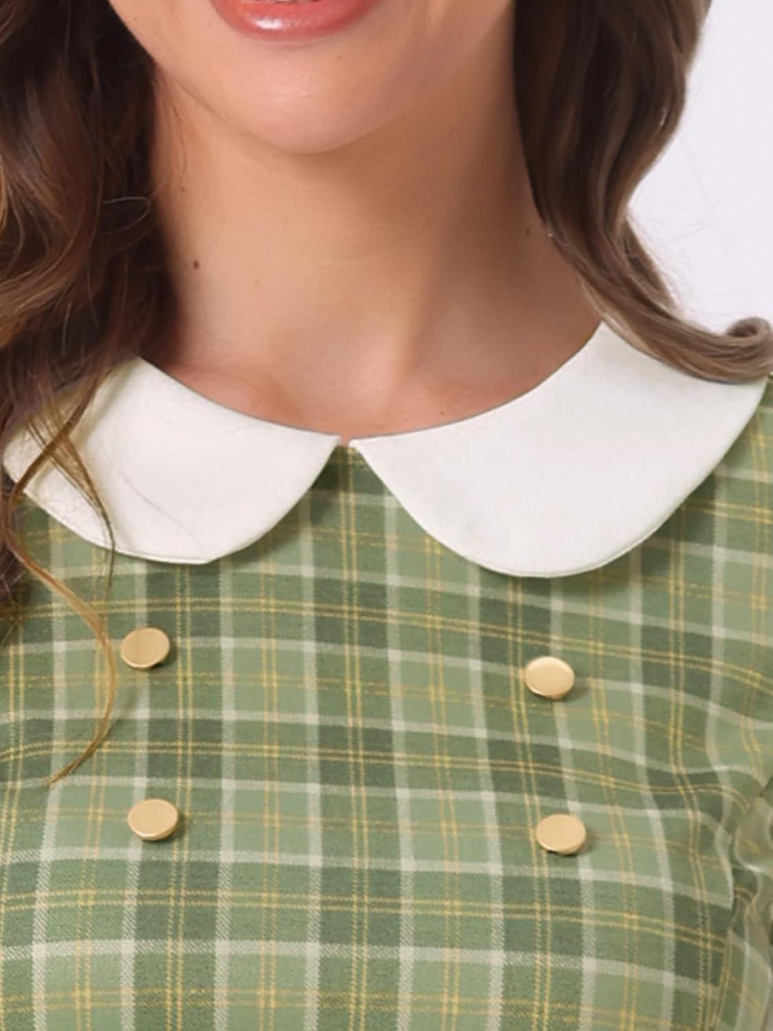 imageAllegra K Womens Peter Pan Collar Contrast Color Button Decor ALine Christmas Plaid Mini DressLight Green