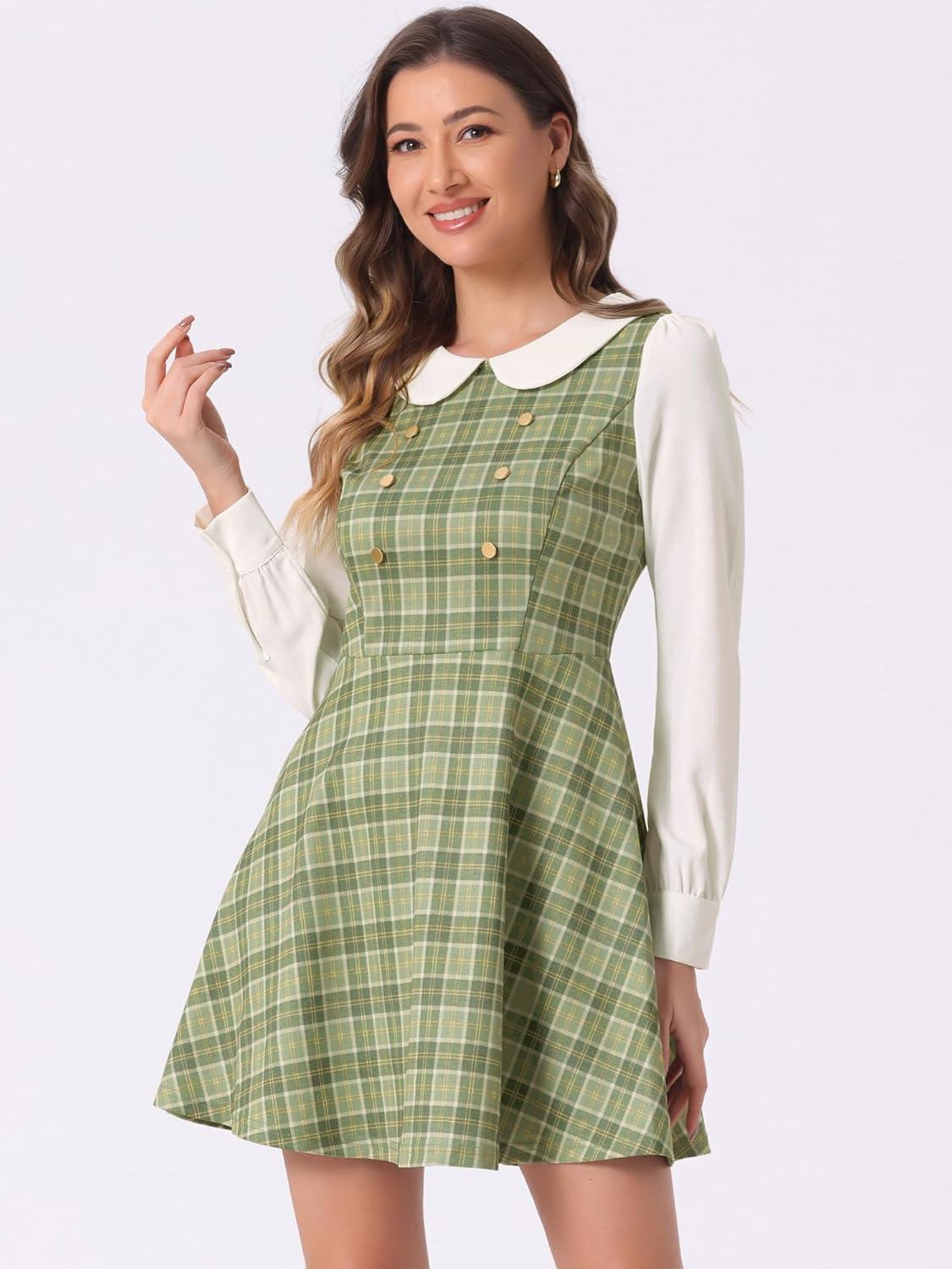 imageAllegra K Womens Peter Pan Collar Contrast Color Button Decor ALine Christmas Plaid Mini DressLight Green