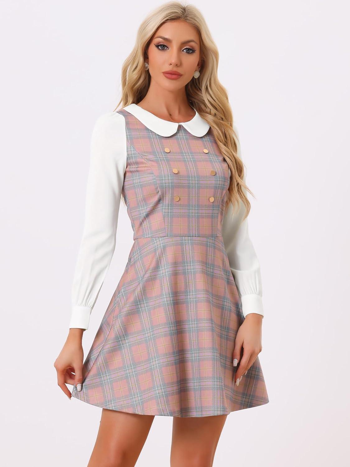 imageAllegra K Womens Peter Pan Collar Contrast Color Button Decor ALine Christmas Plaid Mini DressPink