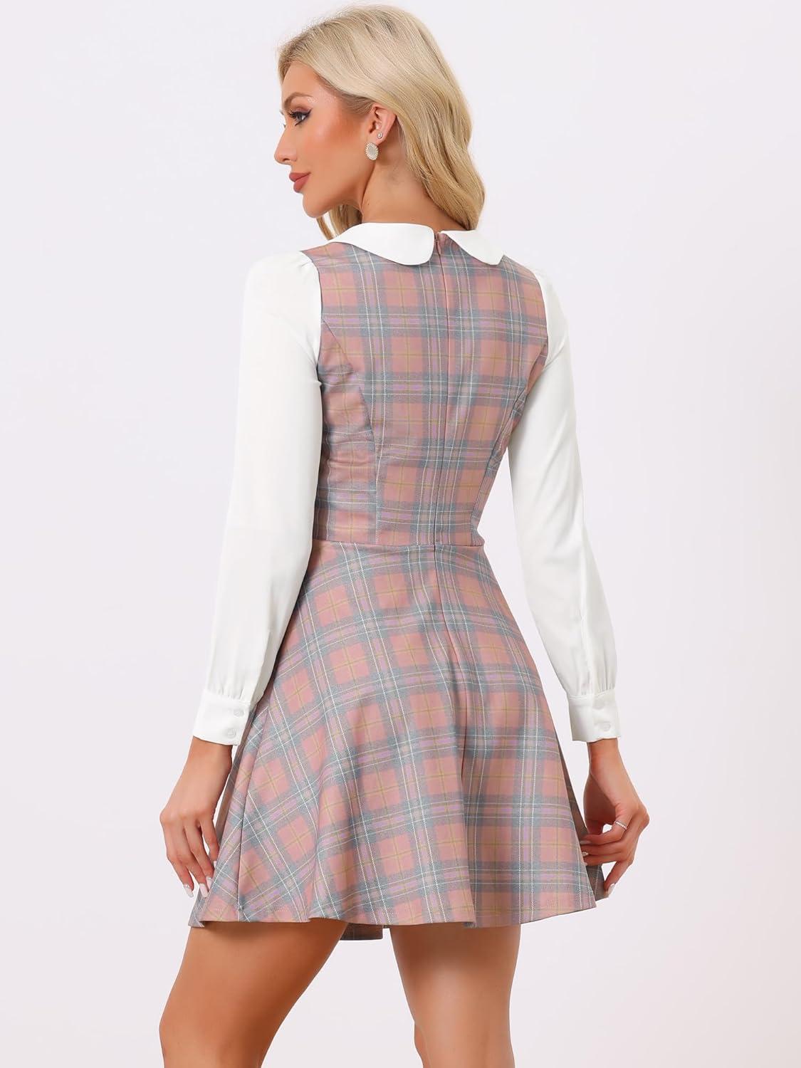 imageAllegra K Womens Peter Pan Collar Contrast Color Button Decor ALine Christmas Plaid Mini DressPink