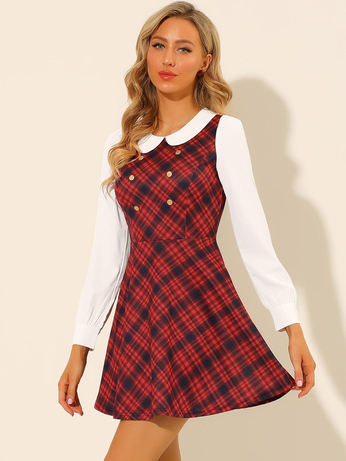 imageAllegra K Womens Peter Pan Collar Contrast Color Button Decor ALine Christmas Plaid Mini DressRed