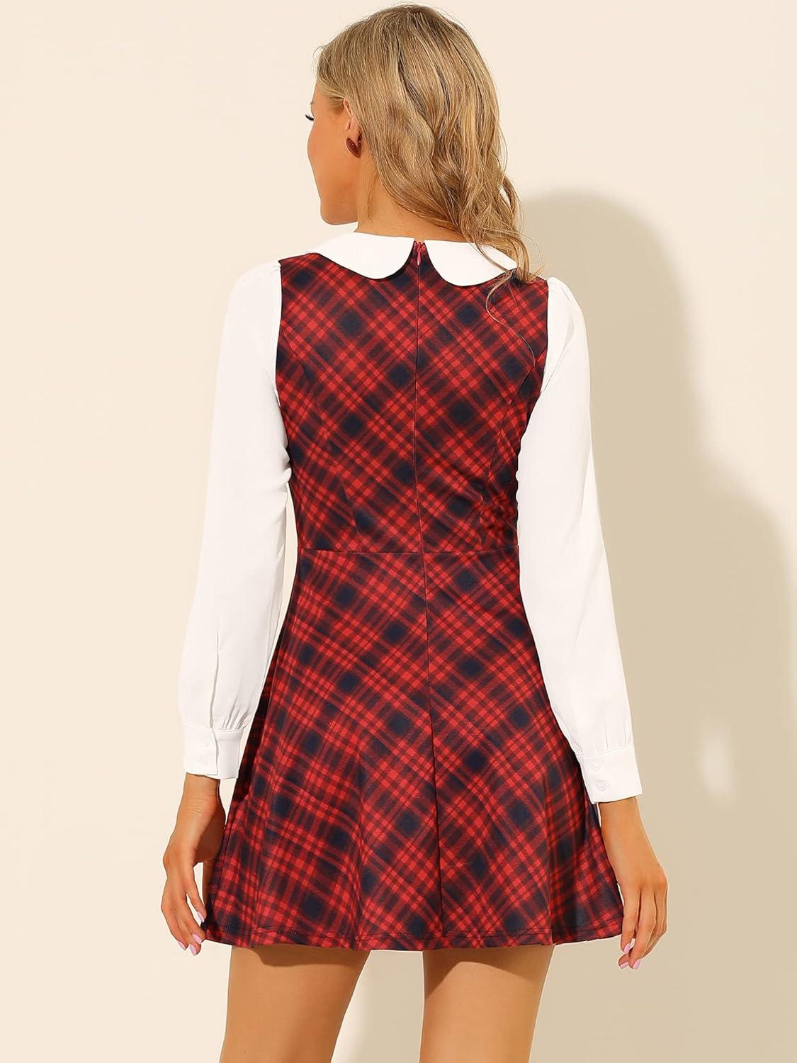 imageAllegra K Womens Peter Pan Collar Contrast Color Button Decor ALine Christmas Plaid Mini DressRed