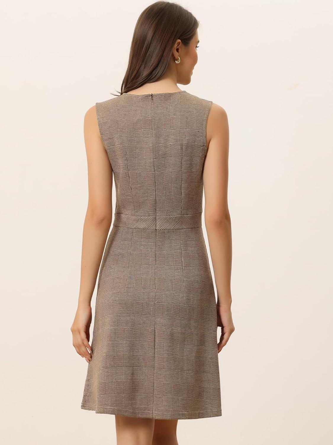 imageAllegra K Womens Plaid Dress Sleeveless A Line Vintage Houndstooth Work DressesBrown Apricot