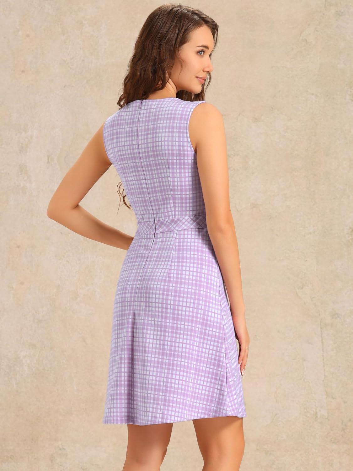 imageAllegra K Womens Plaid Dress Sleeveless A Line Vintage Houndstooth Work DressesLight Purple