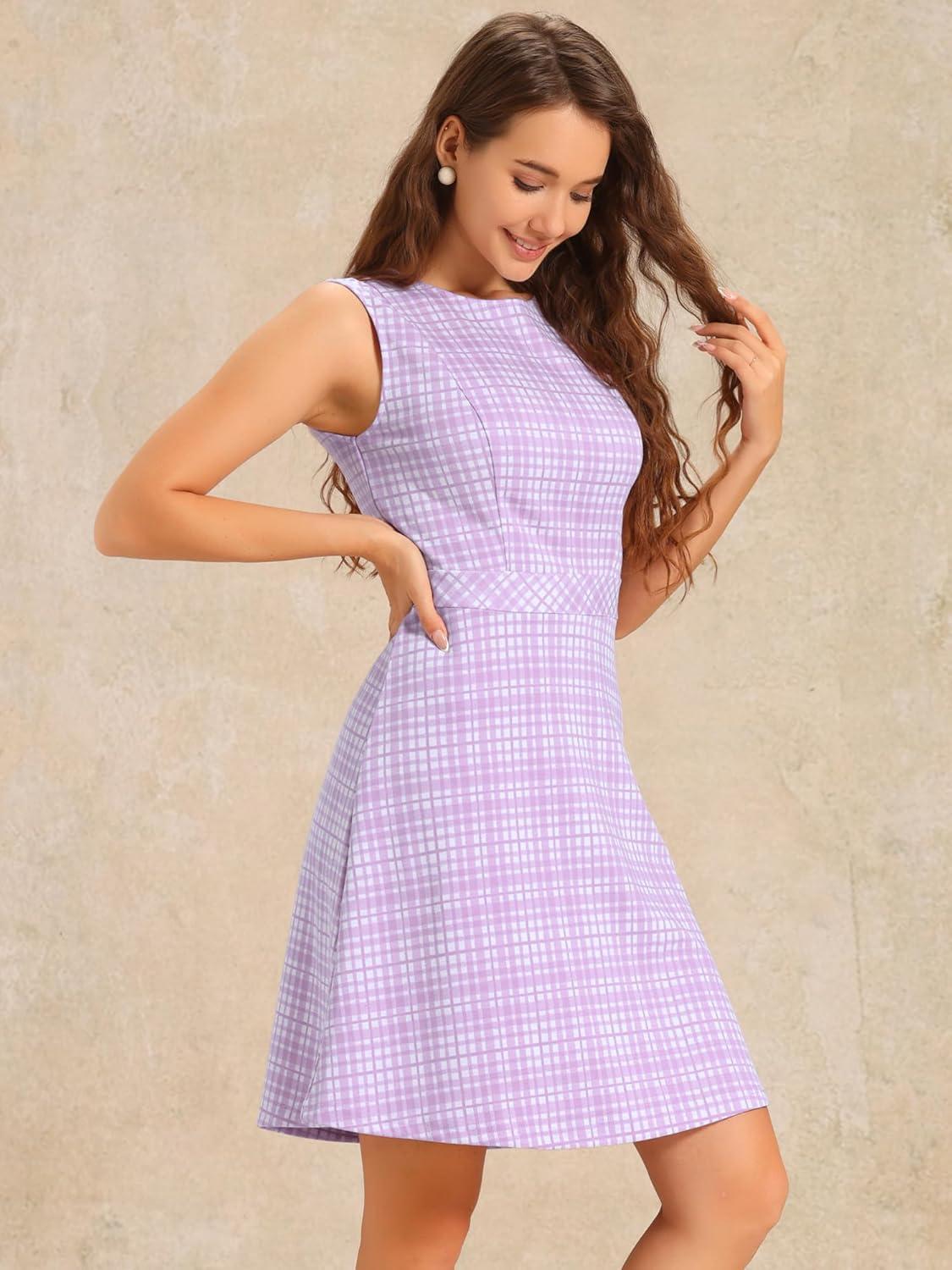 imageAllegra K Womens Plaid Dress Sleeveless A Line Vintage Houndstooth Work DressesLight Purple