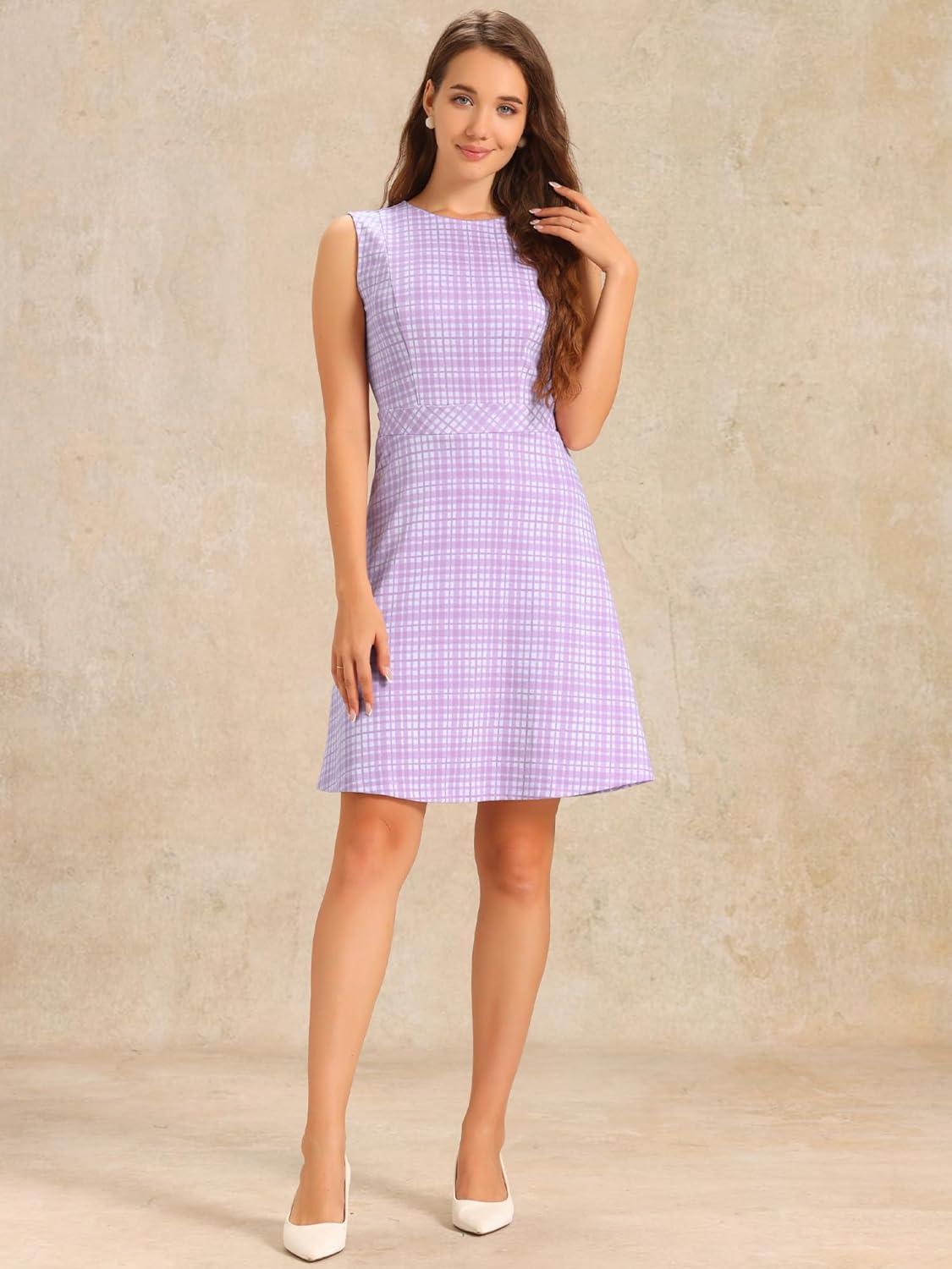 imageAllegra K Womens Plaid Dress Sleeveless A Line Vintage Houndstooth Work DressesLight Purple
