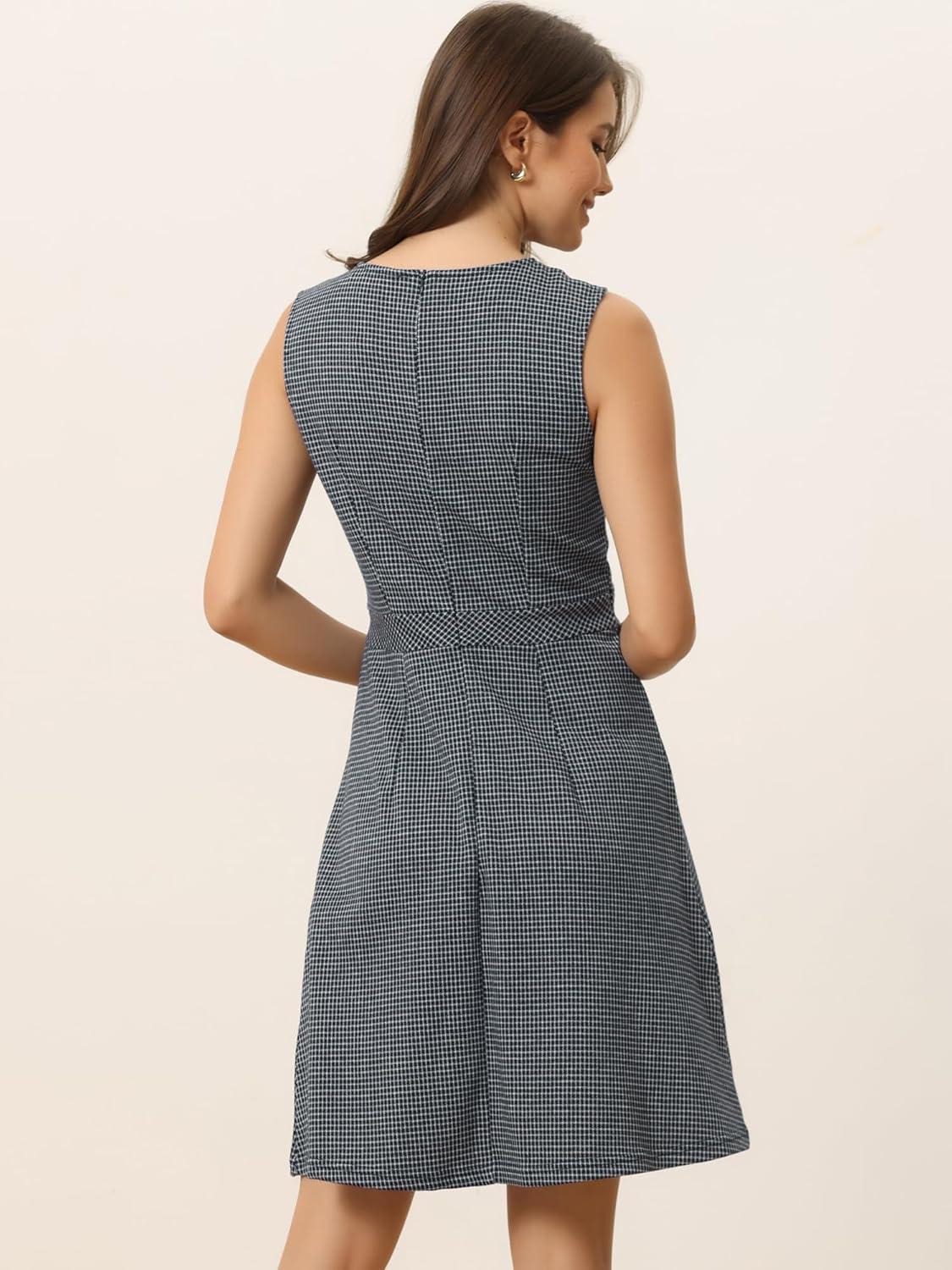 imageAllegra K Womens Plaid Dress Sleeveless A Line Vintage Houndstooth Work DressesNavy Blue
